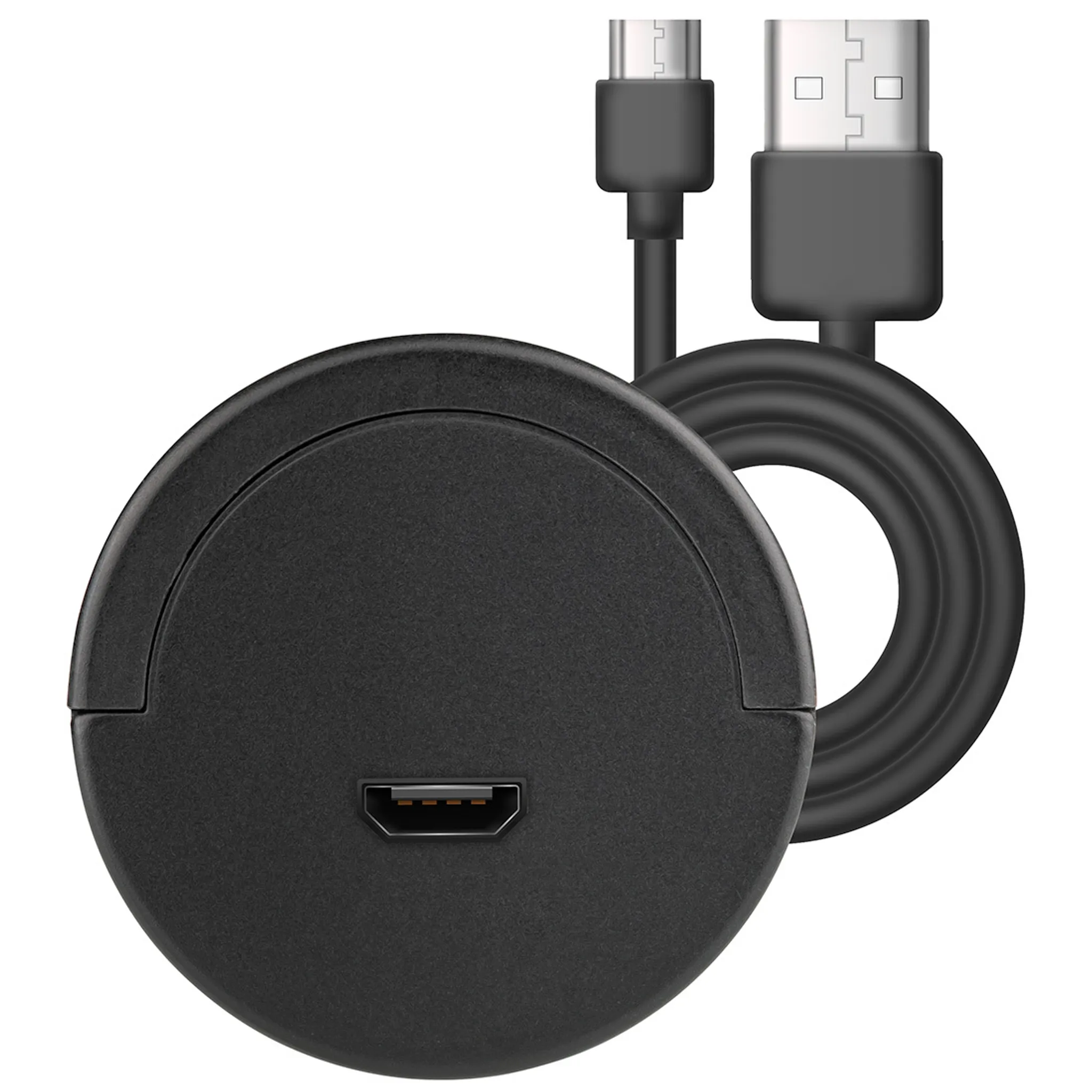 Ein schwarzes kreisförmiges Gerät mit einem USB-Kabel. Das Gerät hat einen Anschluss. Das Kabel ist aufgerollt.