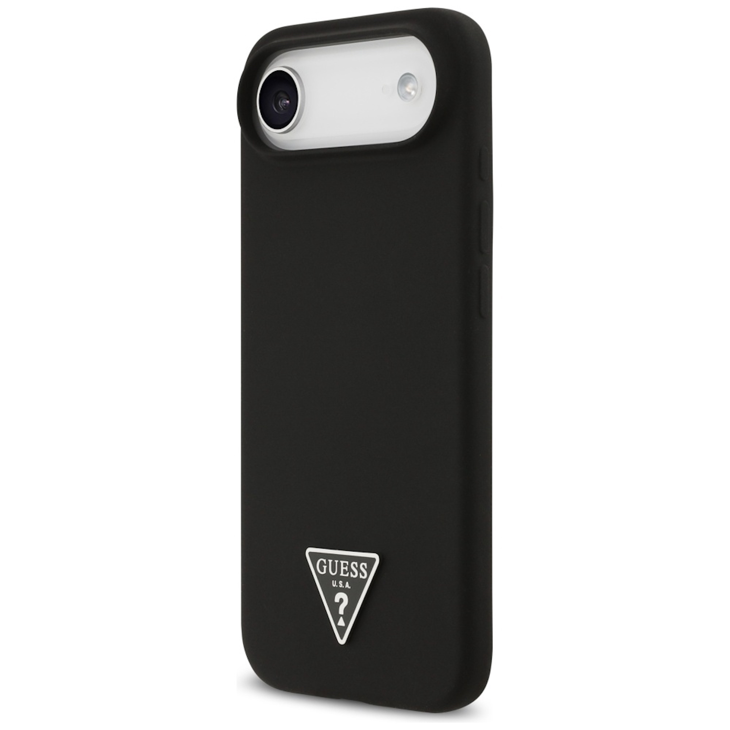 Una custodia nera per telefono con un ritaglio per la fotocamera e il logo Guess. La custodia è su sfondo bianco.