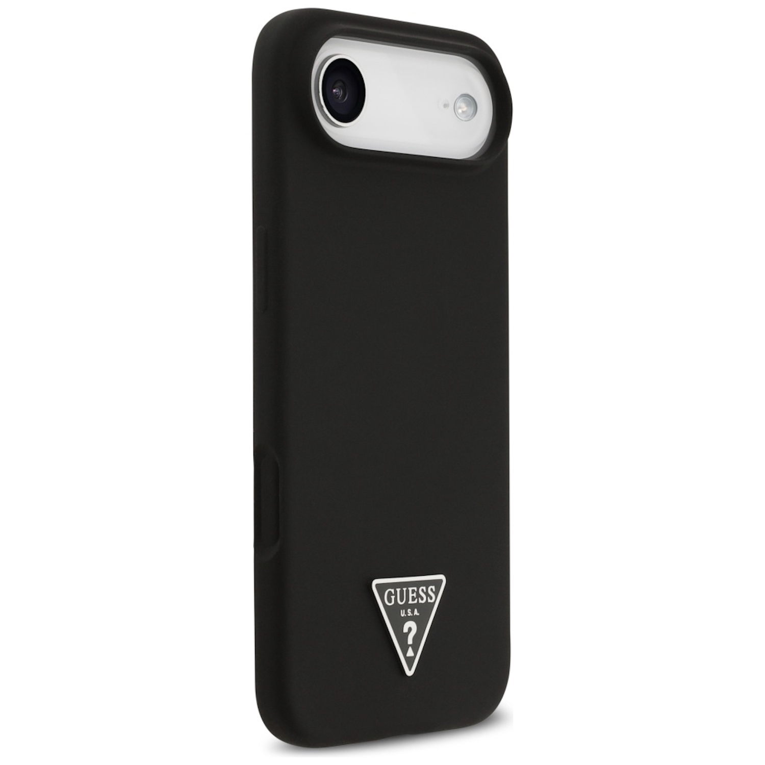 Custodia nera per telefono con logo Guess argento. Presenta fotocamera e flash. Sfondo bianco.