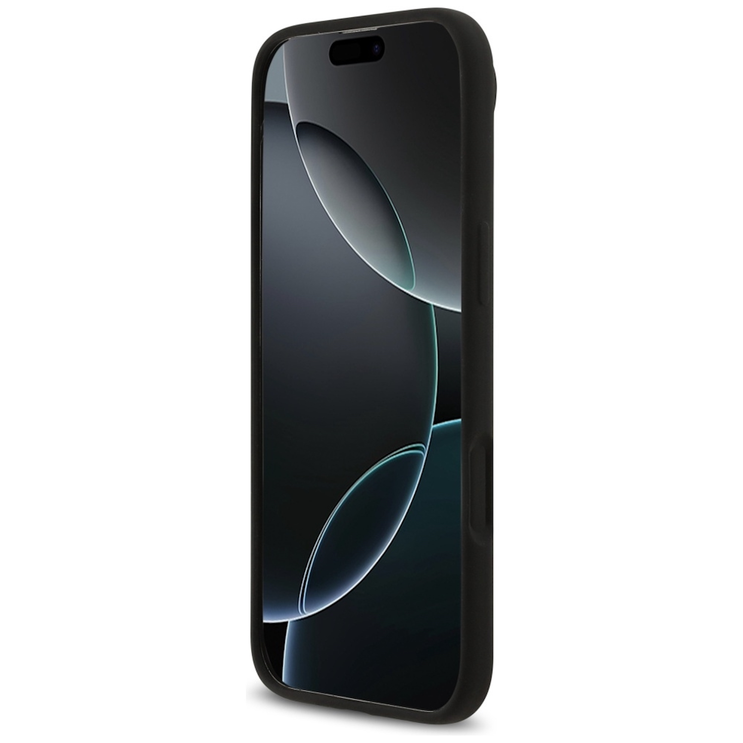 Uno smartphone nero in una custodia è angolato. Lo schermo mostra uno sfondo scuro con forme curve blu chiaro.