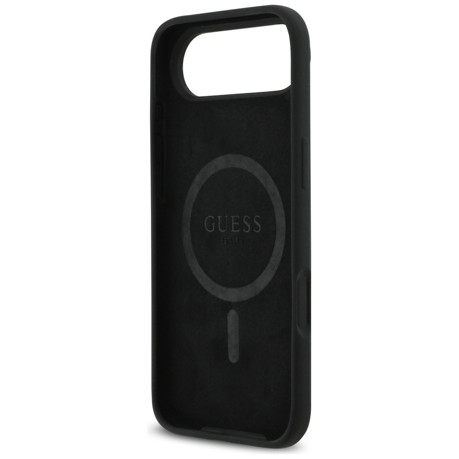 Una custodia per telefono Guess nera. Presenta un marchio circolare con il logo Guess e una linea verticale sottostante, che indica una funzione di ricarica.