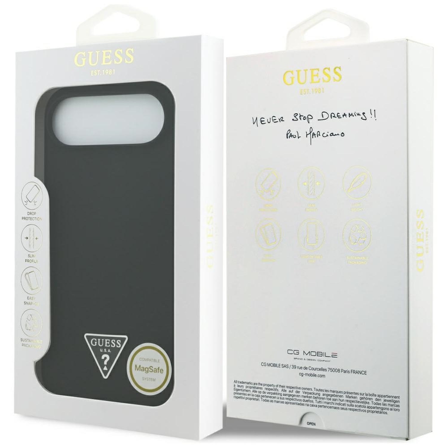 Una scatola bianca Guess per custodia del telefono. All'interno c'è una custodia nera. La scatola ha il logo Guess e del testo.