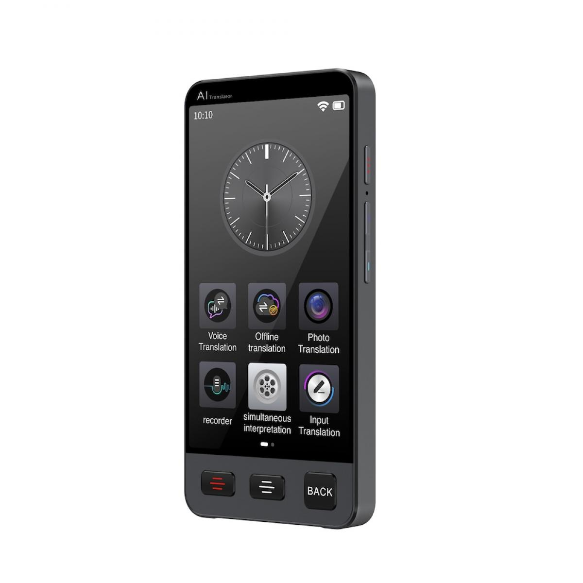 Ein schwarzes AI-Übersetzergerät. Es hat eine Uhr auf dem Bildschirm und verschiedene Übersetzungs-Icons.