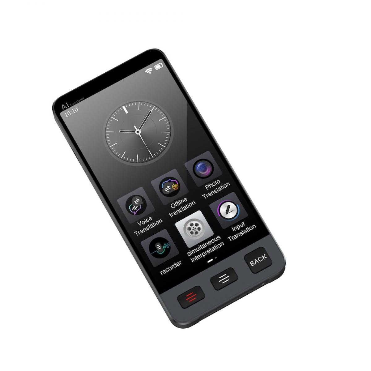 Ein Smartphone-Bildschirm zeigt eine Uhr und App-Symbole: Sprache, Offline, Foto, Eingabe und Simultanübersetzung sowie eine Zurück-Schaltfläche.