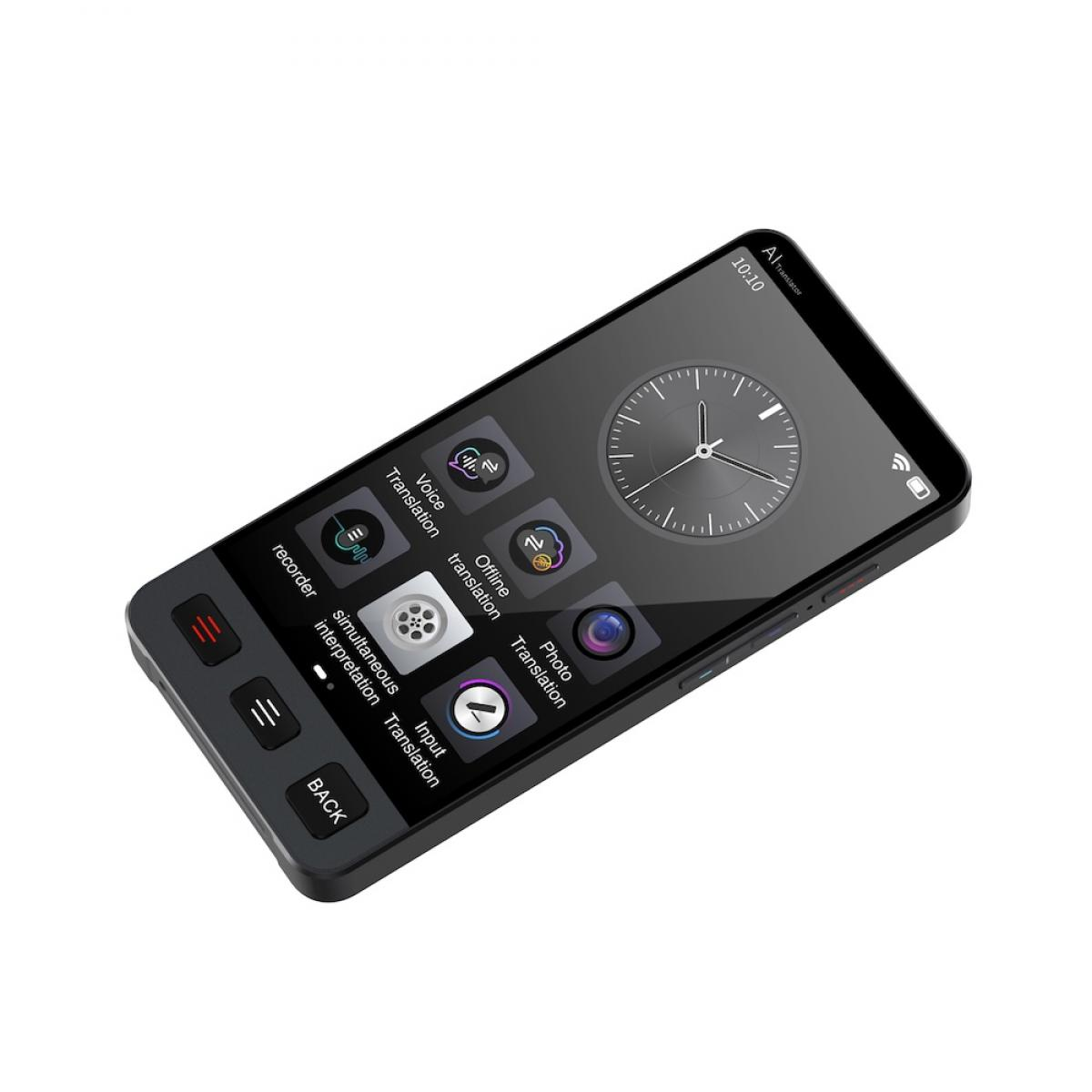 Ein schwarzes Smartphone zeigt verschiedene App-Symbole an, darunter Sprach-, Offline- und Fotoübersetzung. Die Uhrzeit 10:10 wird angezeigt. Das Gerät hat eine Zurücktaste.