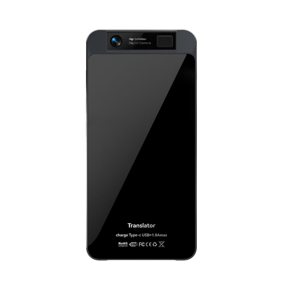 Ein schwarzes Übersetzergerät. Es hat eine Kamera und einen Bildschirm. Text enthält 'Translator', 'charge Type-c USB=1.0Amax' und 'High Definition Digital Camera'.