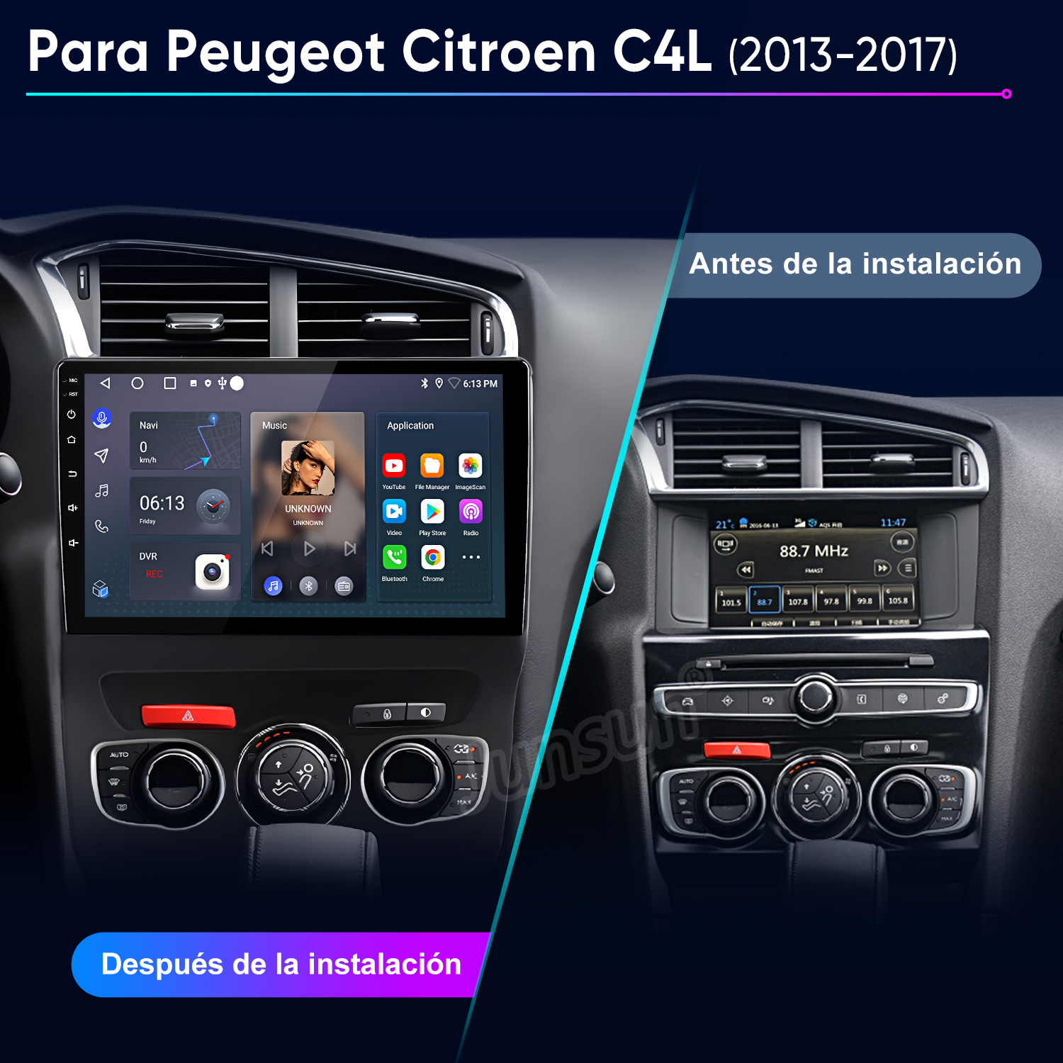 Comparación del salpicadero del coche: radio antigua y pantalla táctil nueva. Muestra navegación, música y funciones de aplicaciones. Antes y después.