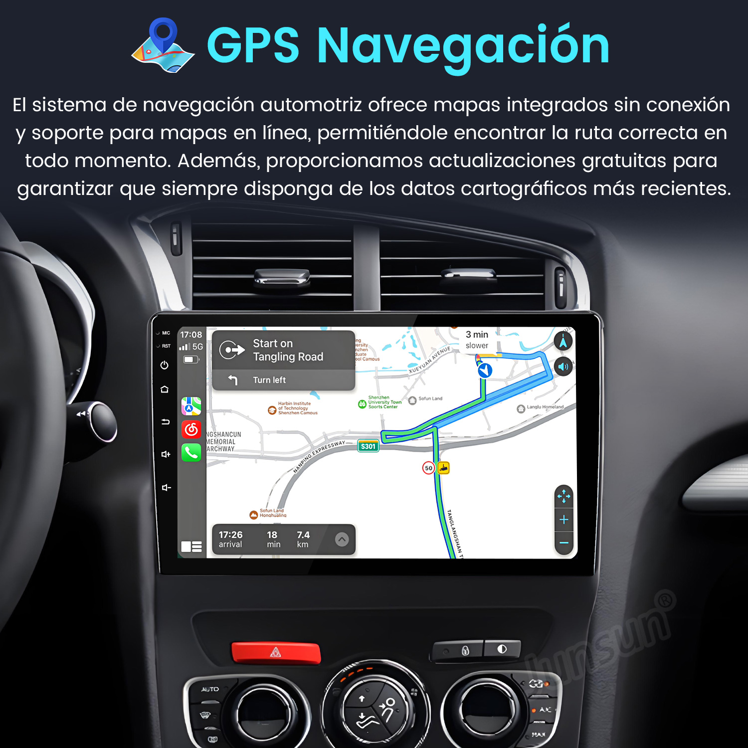 Panel de coche con pantalla de navegación GPS mostrando un mapa de ruta. Botones y controles visibles.