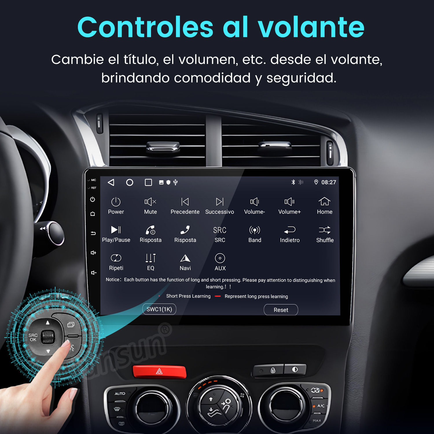 Panel de control del coche con pantalla táctil, mostrando opciones. Una mano presiona un botón en el volante.