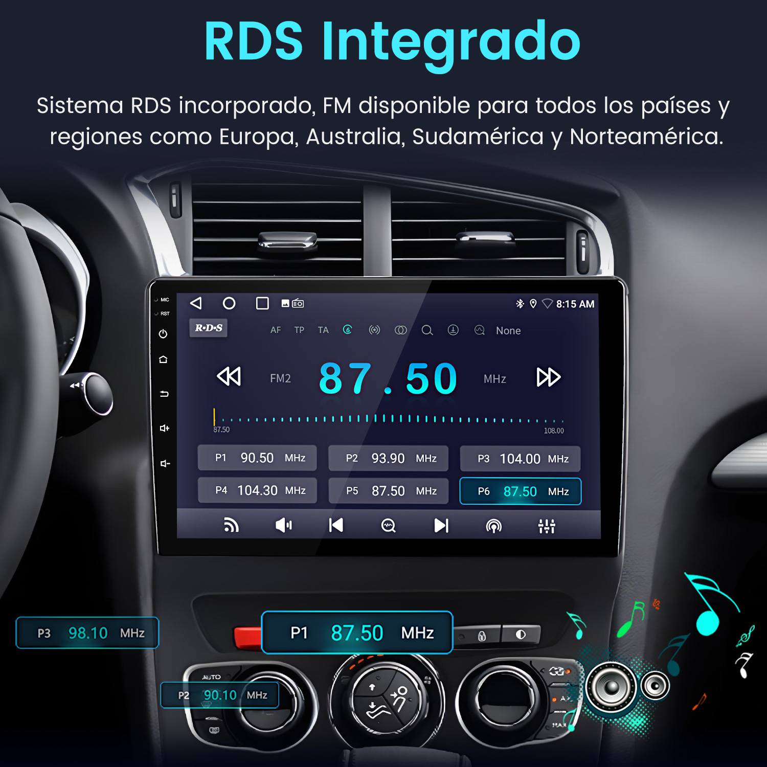 Pantalla de radio de coche mostrando información de radio FM. RDS integrado, con frecuencia 87.50 MHz. Botones y controles visibles abajo.