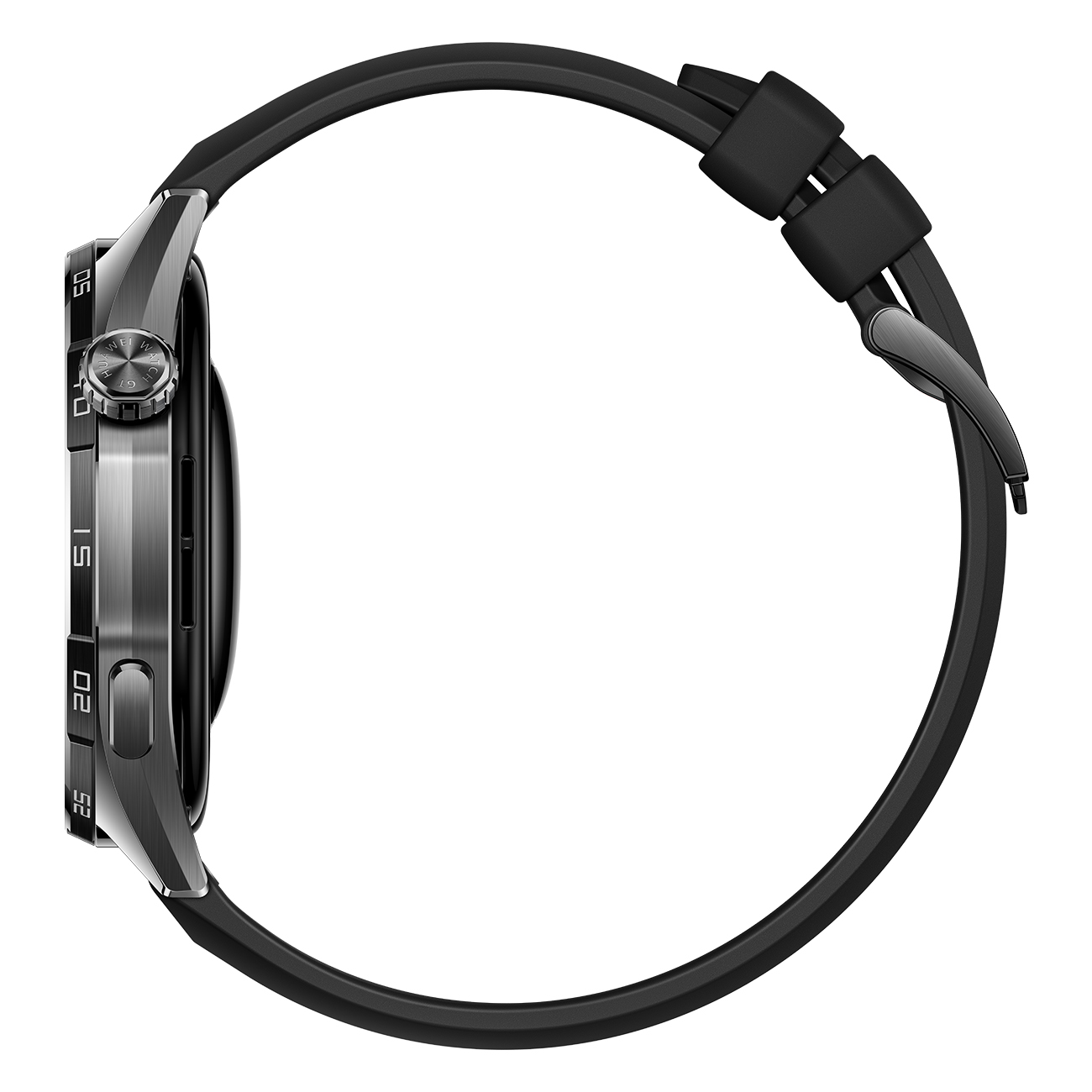 Vista laterale di uno smartwatch nero con cinturino in gomma nero. Il quadrante ha una finitura grigio metallizzato.