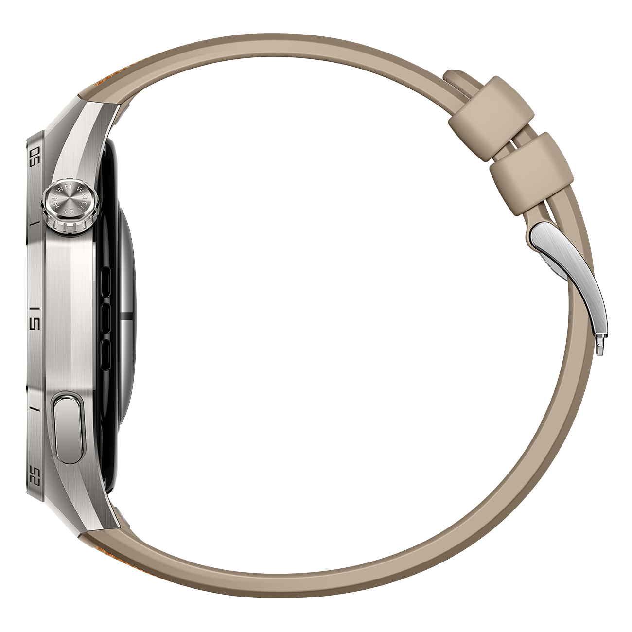 Zijaanzicht van een smartwatch. Zilveren horlogekast met een bruine band. De wijzerplaat is zwart.