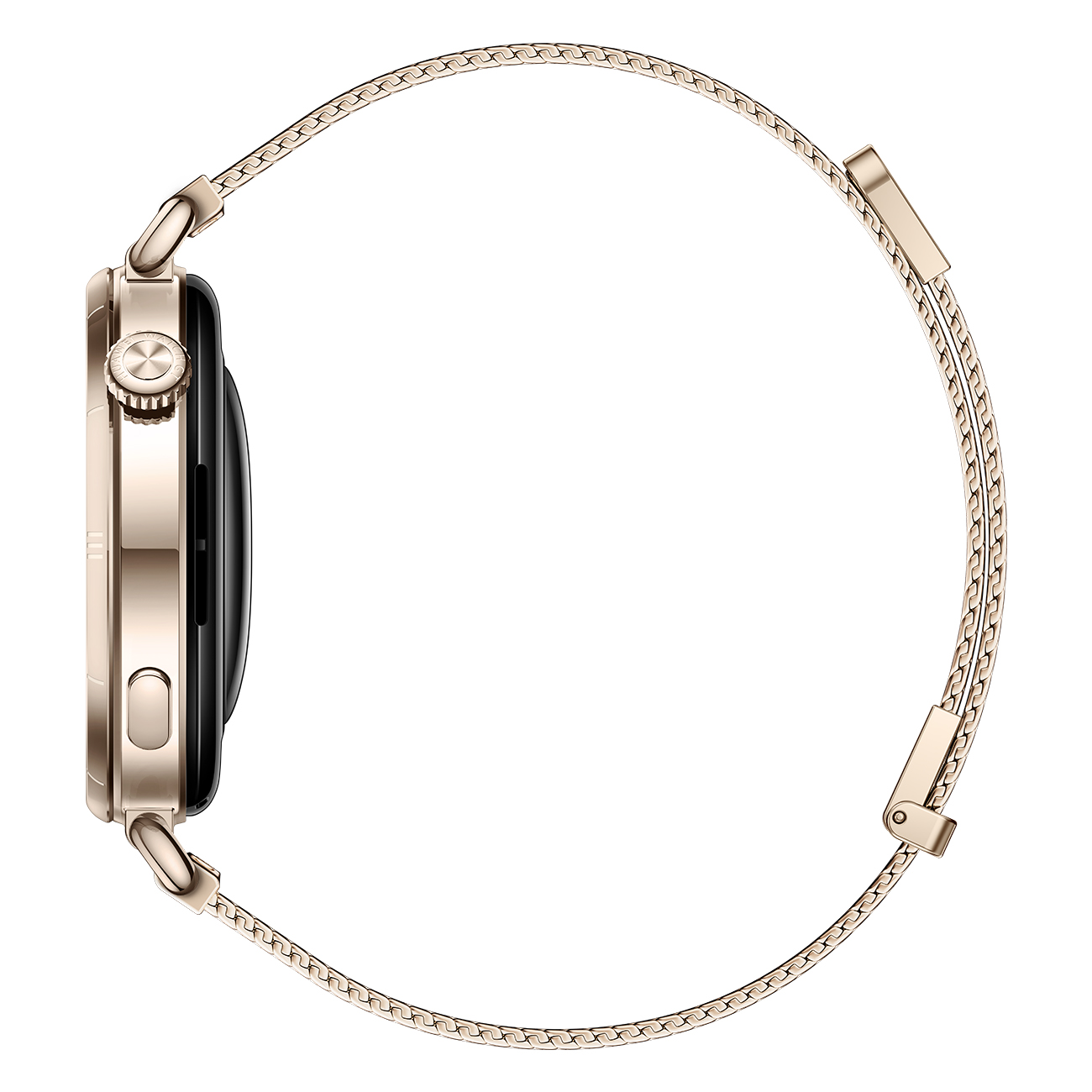 Een gouden smartwatch, zijaanzicht, tegen een witte achtergrond. Ronde wijzerplaat met zwart scherm en mesh band.