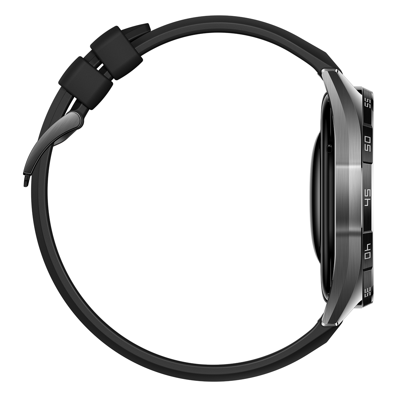 Vista laterale di uno smartwatch nero con cornice grigia metallica. Il cinturino è nero, l'ora è indicata sul lato.