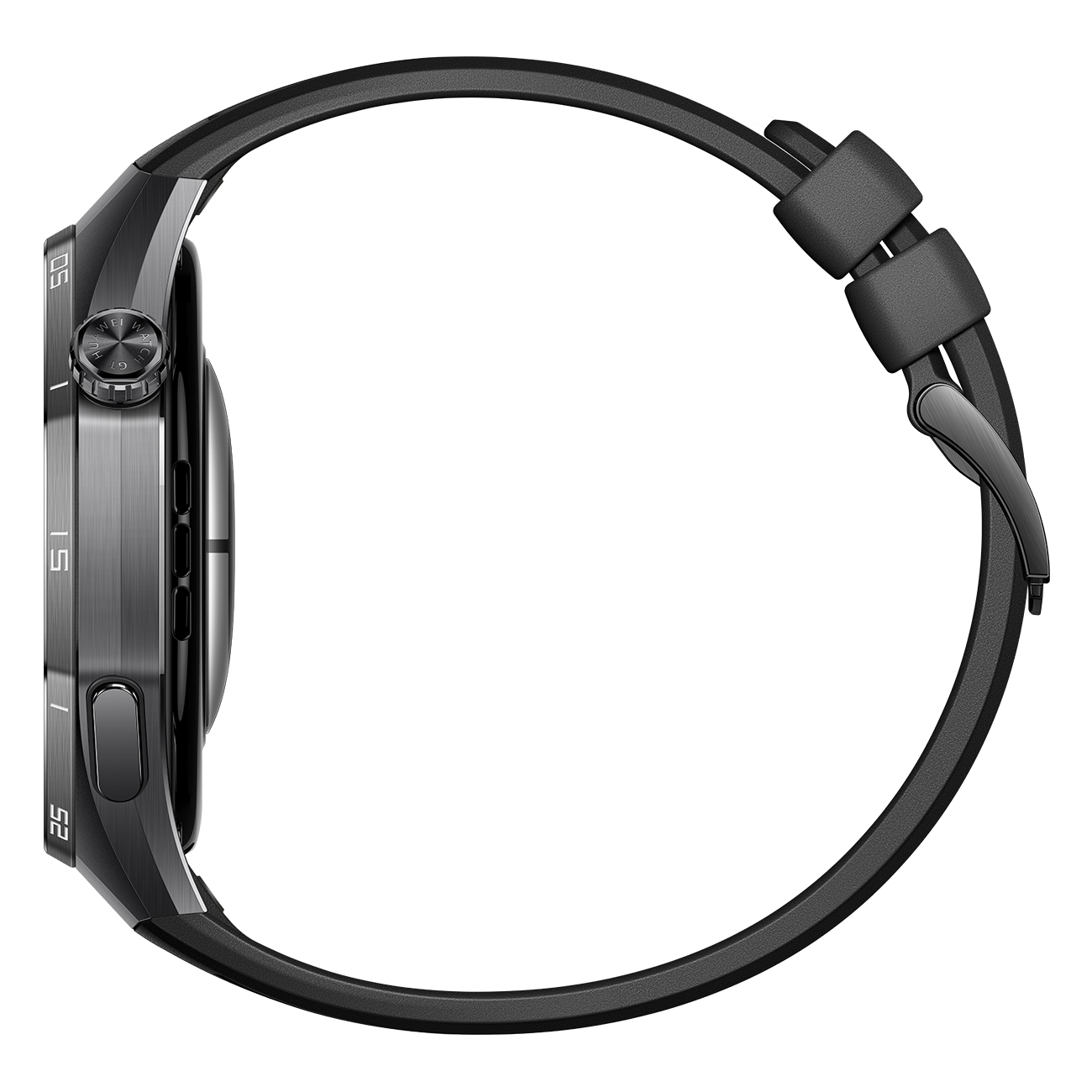 Vista laterale di uno smartwatch nero con quadrante circolare, cinturino nero e cassa grigio metallizzato, su sfondo bianco.