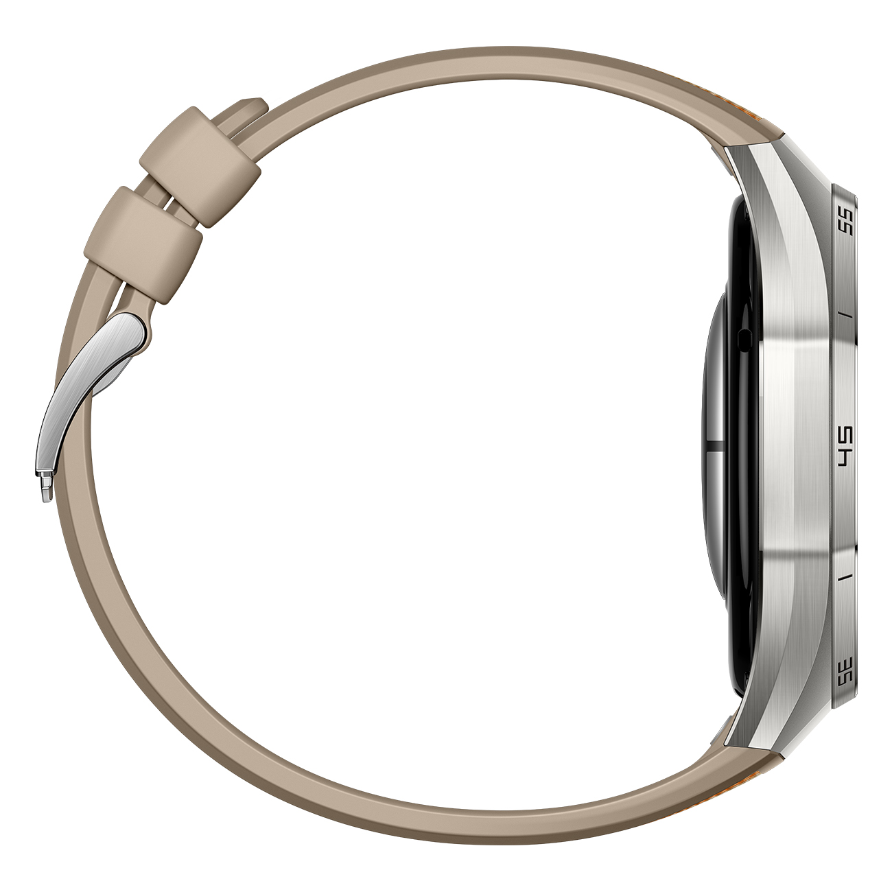 Zijaanzicht van een smartwatch. Het heeft een beige bandje met een zilveren sluiting. De wijzerplaat is zilverkleurig met tijdmarkeringen.