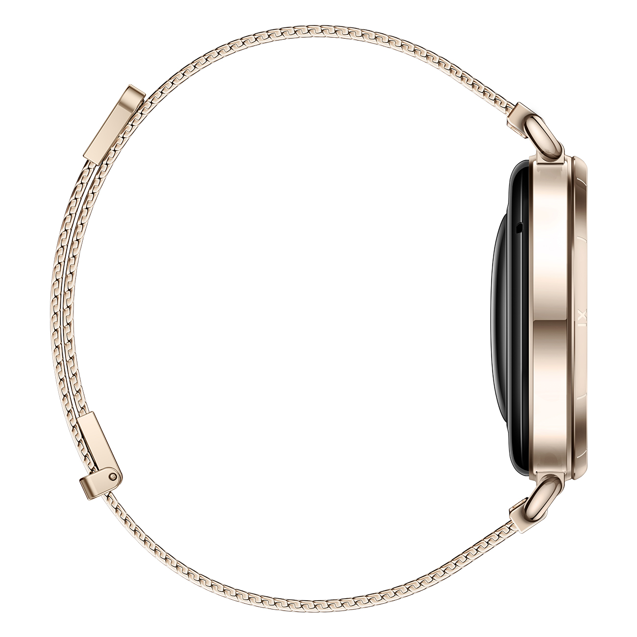Gouden smartwatch op witte achtergrond. Het heeft een ronde wijzerplaat en een kettingachtige band.