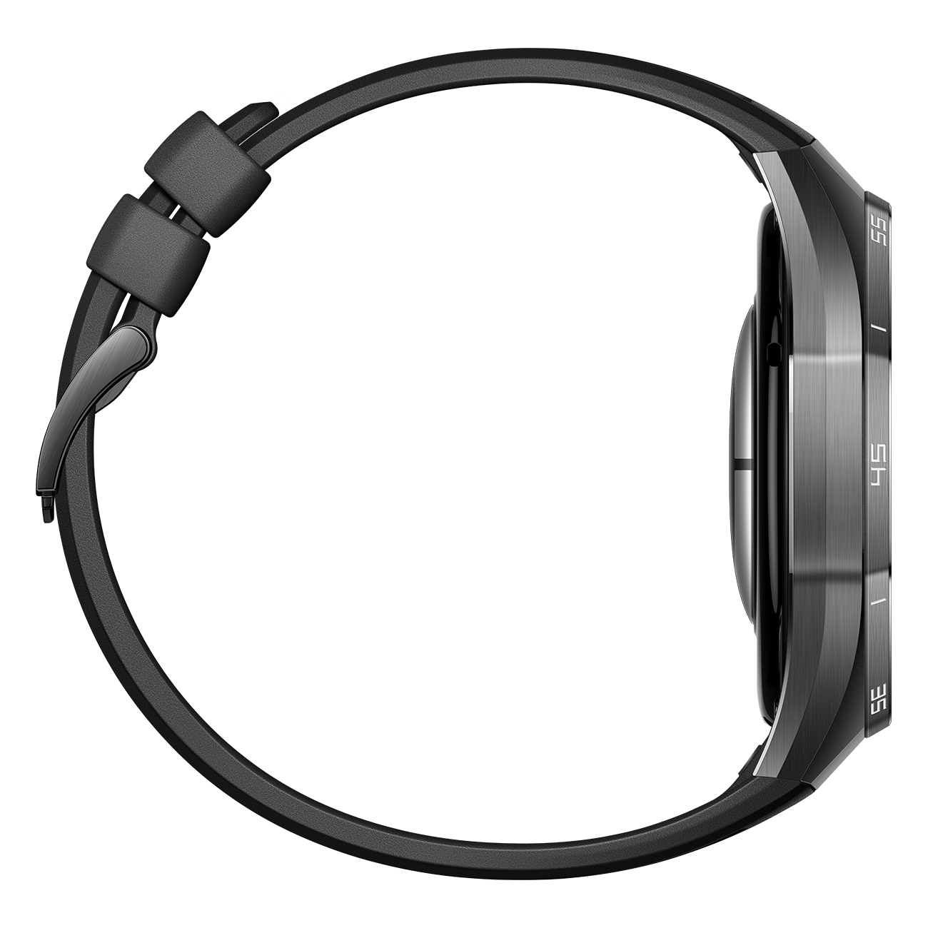 Vista laterale di uno smartwatch nero. L'orologio ha un cinturino nero e un quadrante grigio metallizzato.