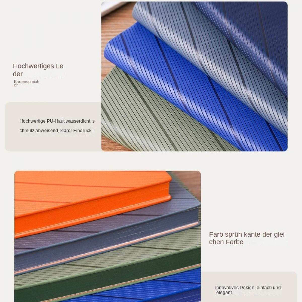 Das Bild zeigt bunte Notizbücher in Blau, Orange und Grün. Sie haben Streifenmuster. Deutscher Text beschreibt Material und Design.