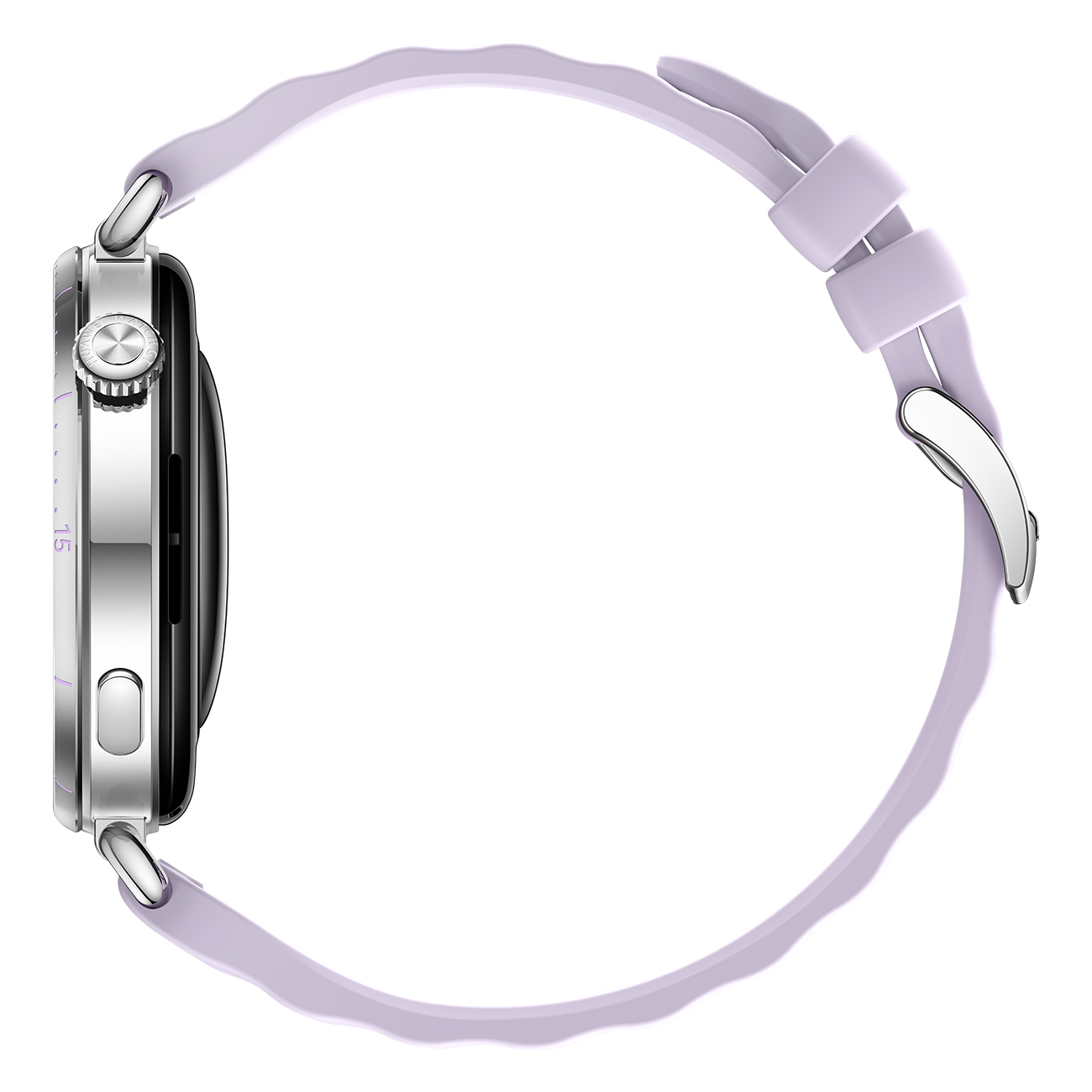 Zijaanzicht van een smartwatch met zilveren kast en lichtpaarse band. Het horloge staat op een witte achtergrond.