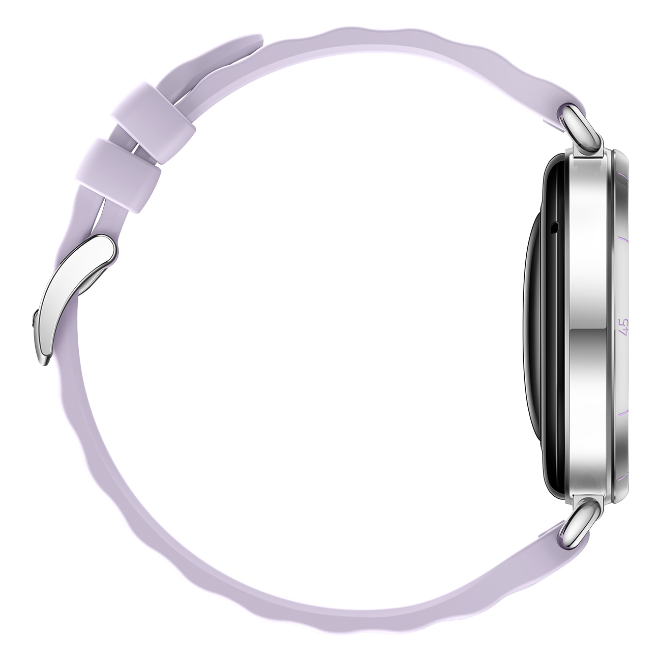 Een zijaanzicht van een smartwatch. Het heeft een lavendelkleurige band en een zilveren horlogekast. Het scherm is zwart.