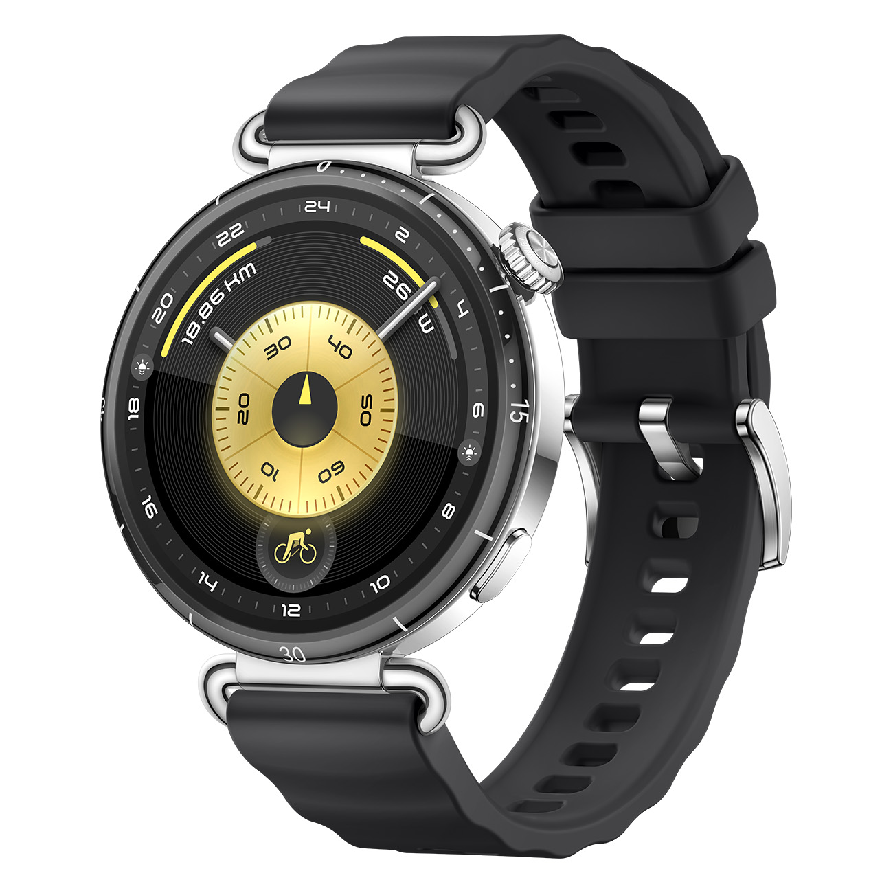 Een zwarte smartwatch met zilveren rand en zwarte band. De wijzerplaat toont tijd, afstand en andere gegevens met gouden accenten.