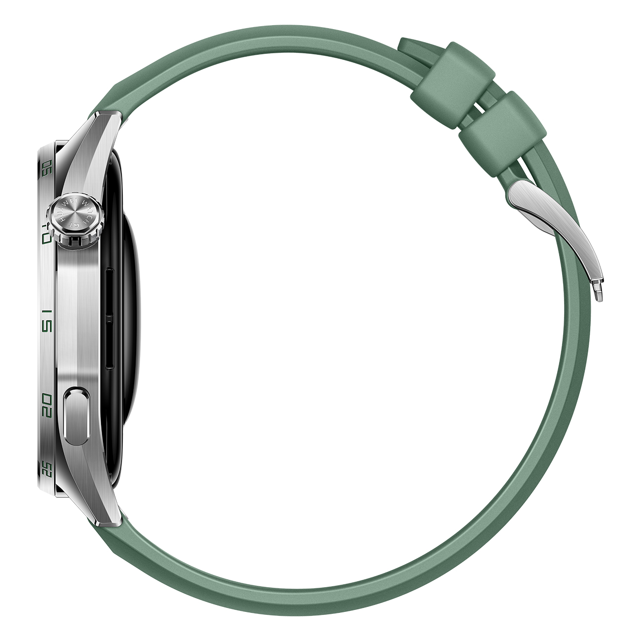 A silver smartwatch with a green strap. The watch face is black and the strap is fastened with a silver clasp.