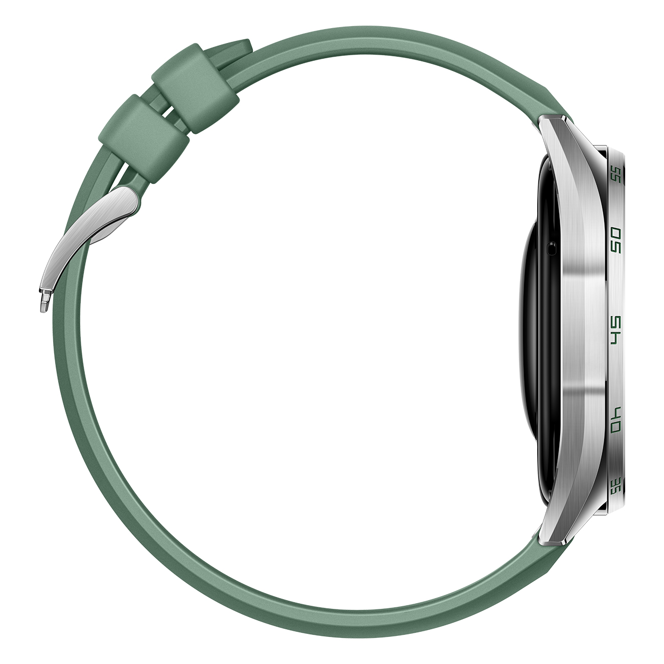 Side view of a smart watch with a green strap. The watch face is black, and the bezel is silver, with time markings.