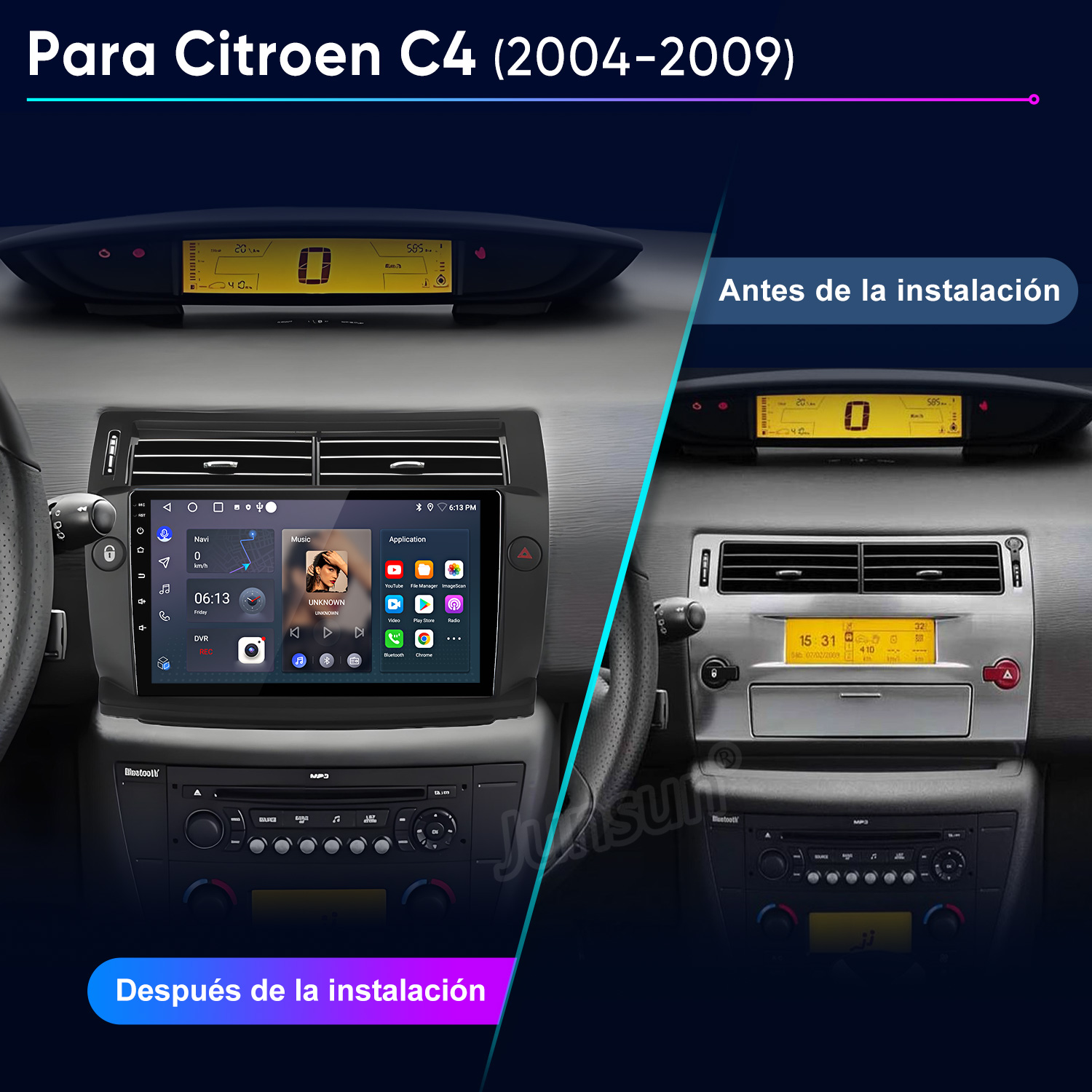 La imagen muestra un salpicadero de coche antes y después de instalar un nuevo sistema de infoentretenimiento, incluyendo navegación y apps de música.