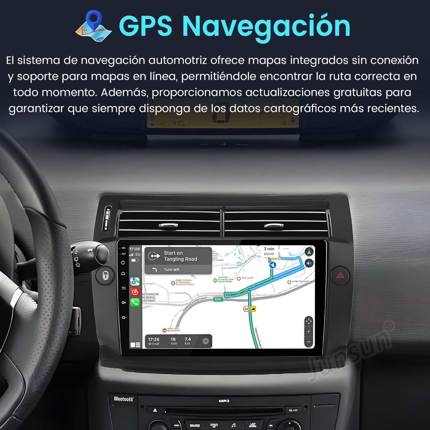 Sistema de navegación del coche mostrando un mapa con indicaciones. La pantalla muestra una ruta y giros.
