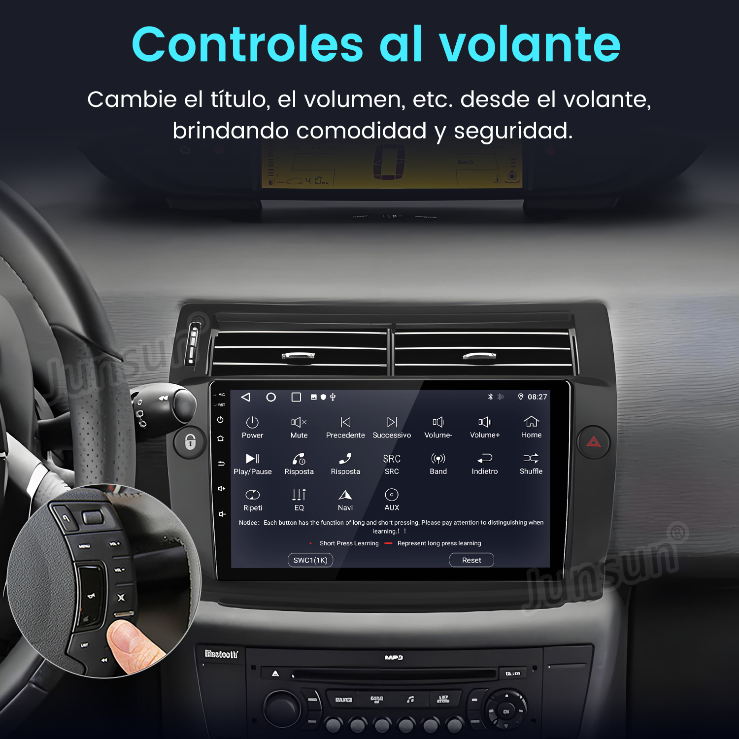 Panel de control del coche con controles, una pantalla y botones del volante, mostrando el volumen y otras funciones.