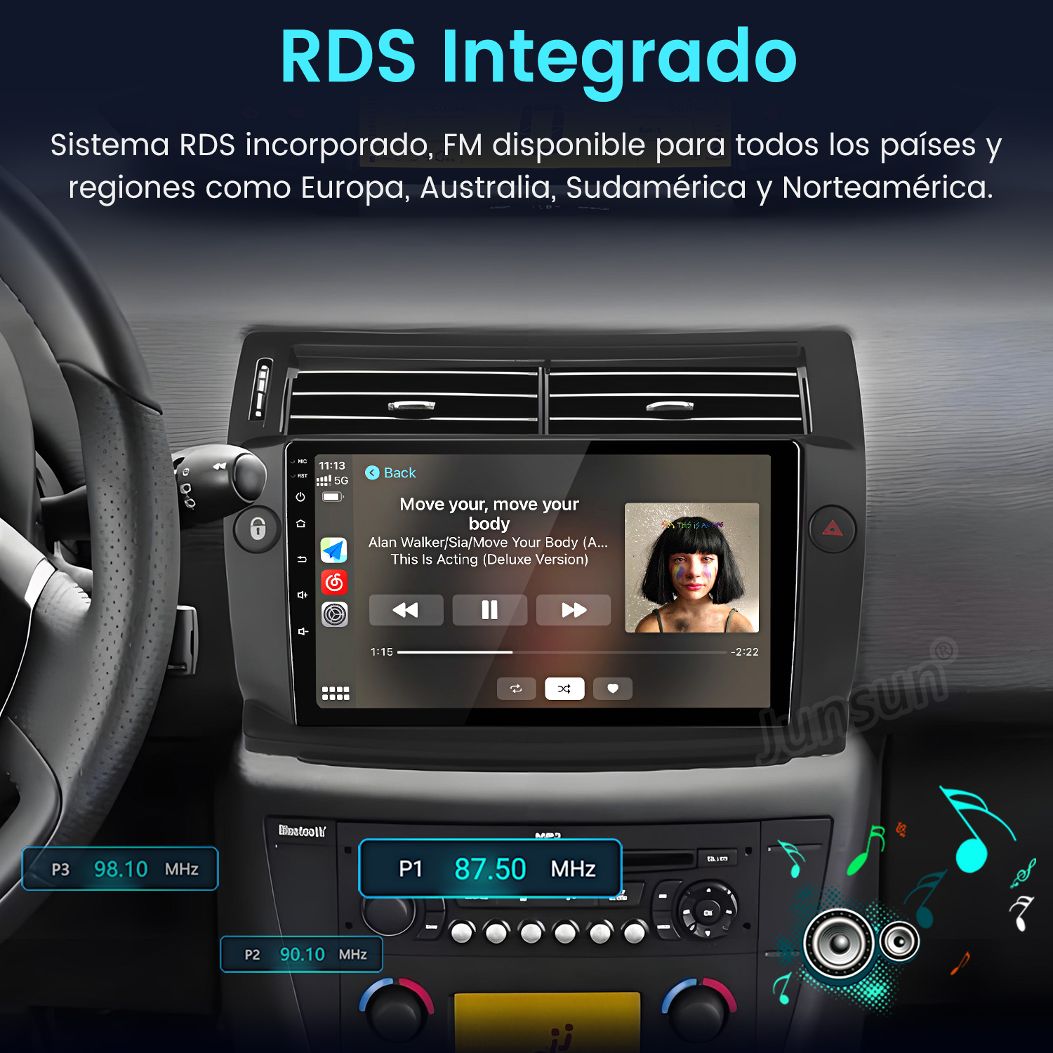 Pantalla del estéreo del coche que muestra música, frecuencias de radio y una interfaz de navegación. La pantalla muestra la canción 'Move your body'.