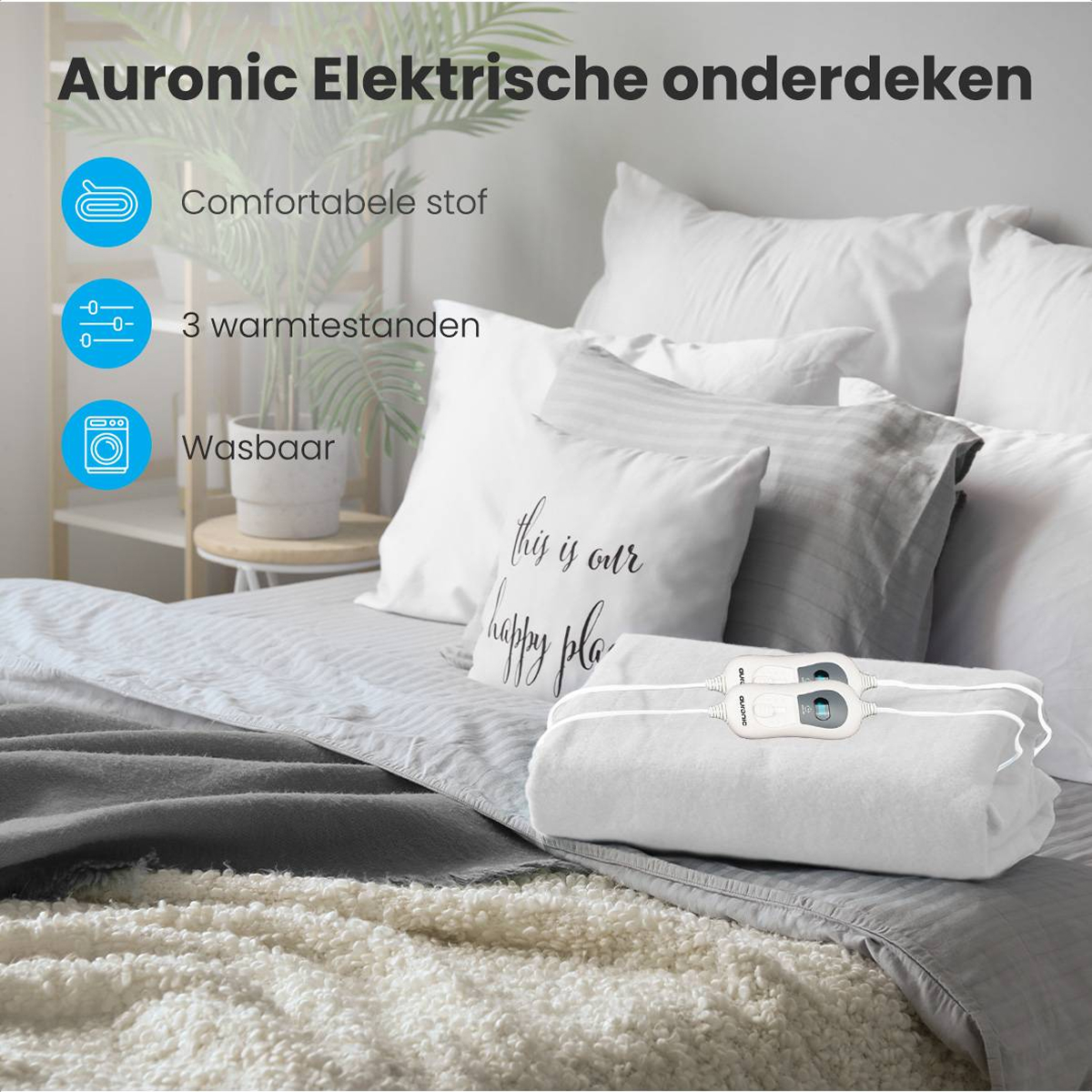 Une couverture chauffante électrique blanche sur un lit avec des oreillers. Le texte mentionne tissu confortable, 3 réglages et lavable.