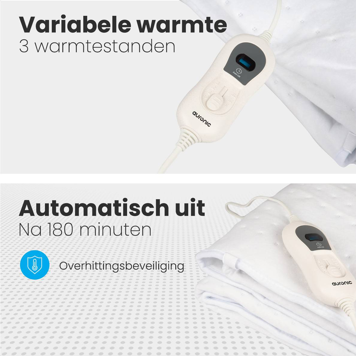 L'image montre un coussin chauffant blanc avec un panneau de contrôle. Le texte indique une chaleur variable, 3 réglages et arrêt automatique après 180 minutes.