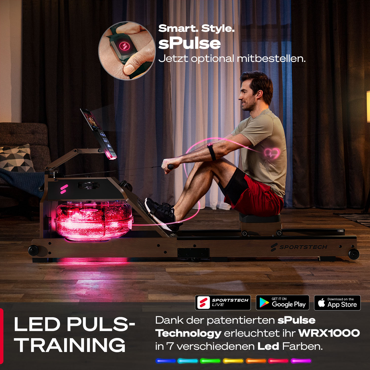 Ein Mann benutzt ein Rudergerät mit LED-Leuchten. Das Gerät ist mit SPORTS TECH gekennzeichnet. Die Szene hat zusätzlichen Text und App Store Logos.