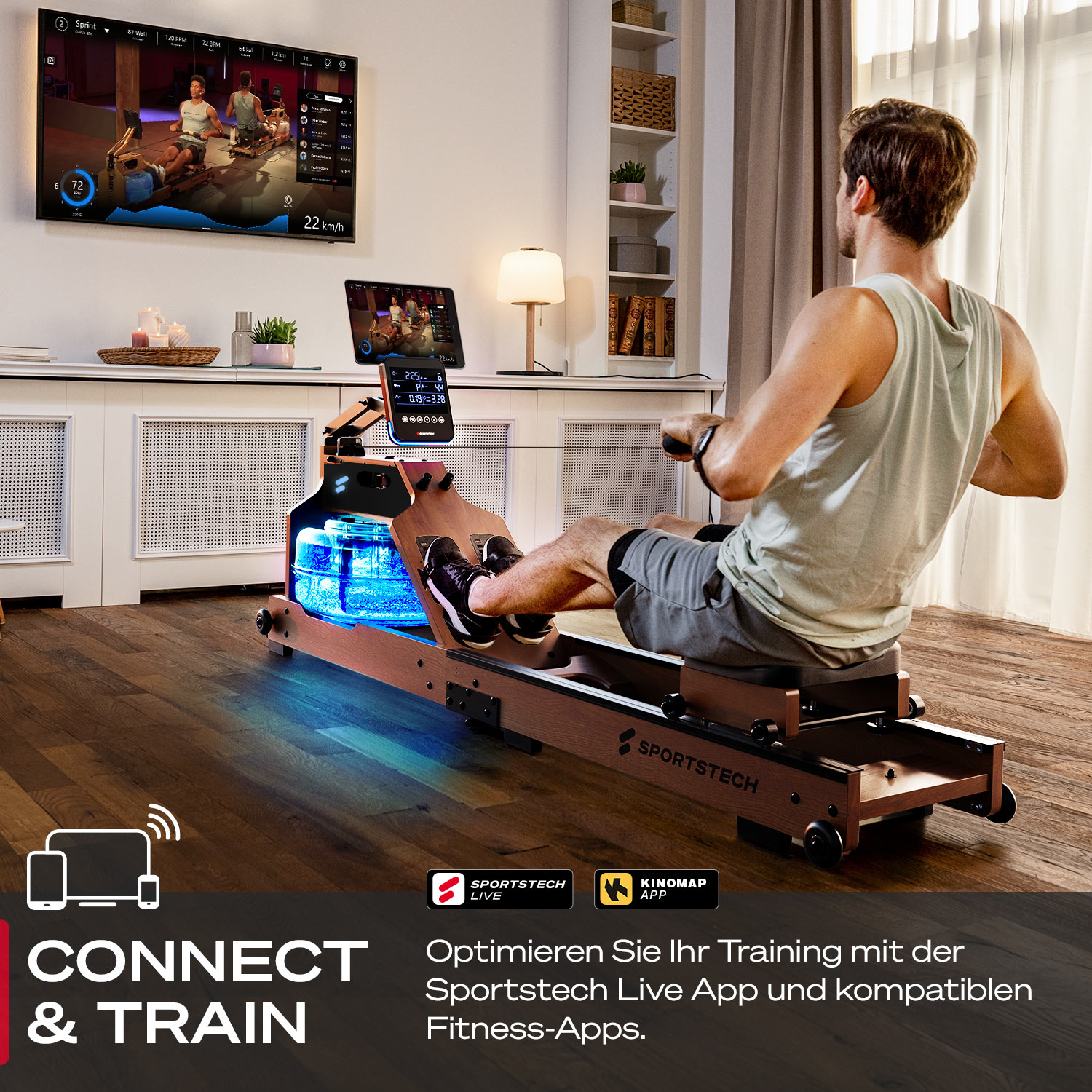 Ein Mann benutzt ein Rudergerät. Ein Fernseher und ein Tablet zeigen Trainingsdaten. Text lautet 'CONNECT & TRAIN'. Das Gerät hat einen blauen Wassertank.