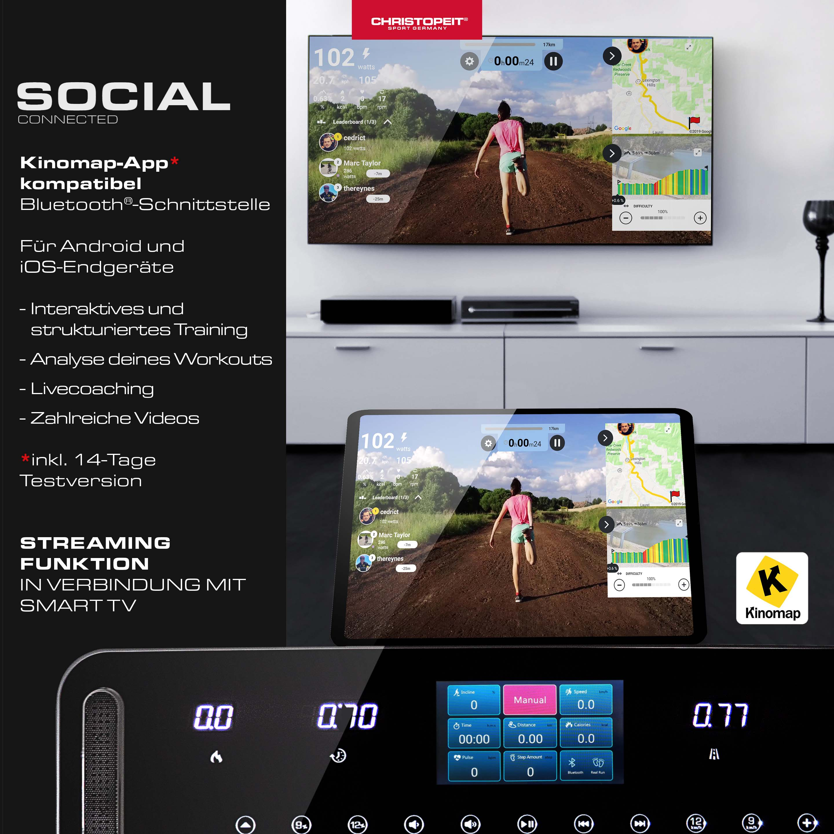 Laufband mit Bildschirm, der einen Läufer auf einem Trail und Daten anzeigt. Social-Connected-Funktionen werden hervorgehoben.