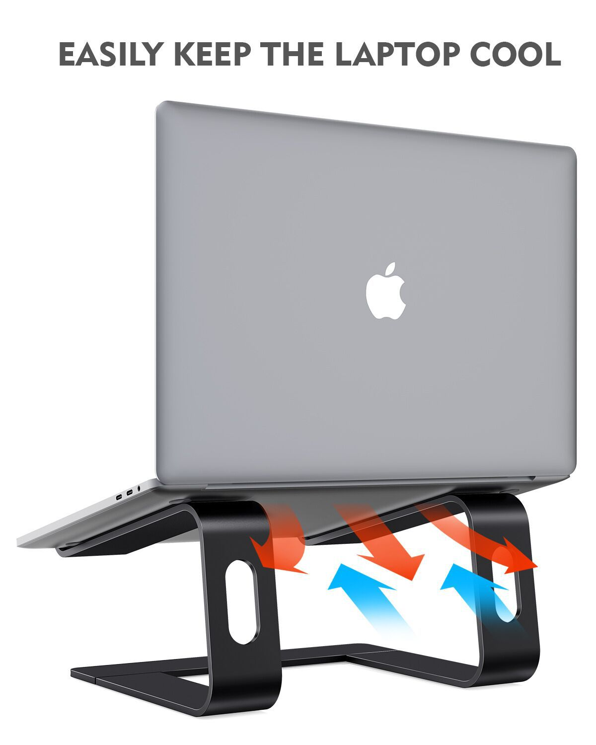 Ein silberner Laptop steht auf einem schwarzen Ständer. Rote und blaue Pfeile zeigen den Luftstrom an. Oben steht: LEICHT DEN LAPTOP KÜHL HALTEN.