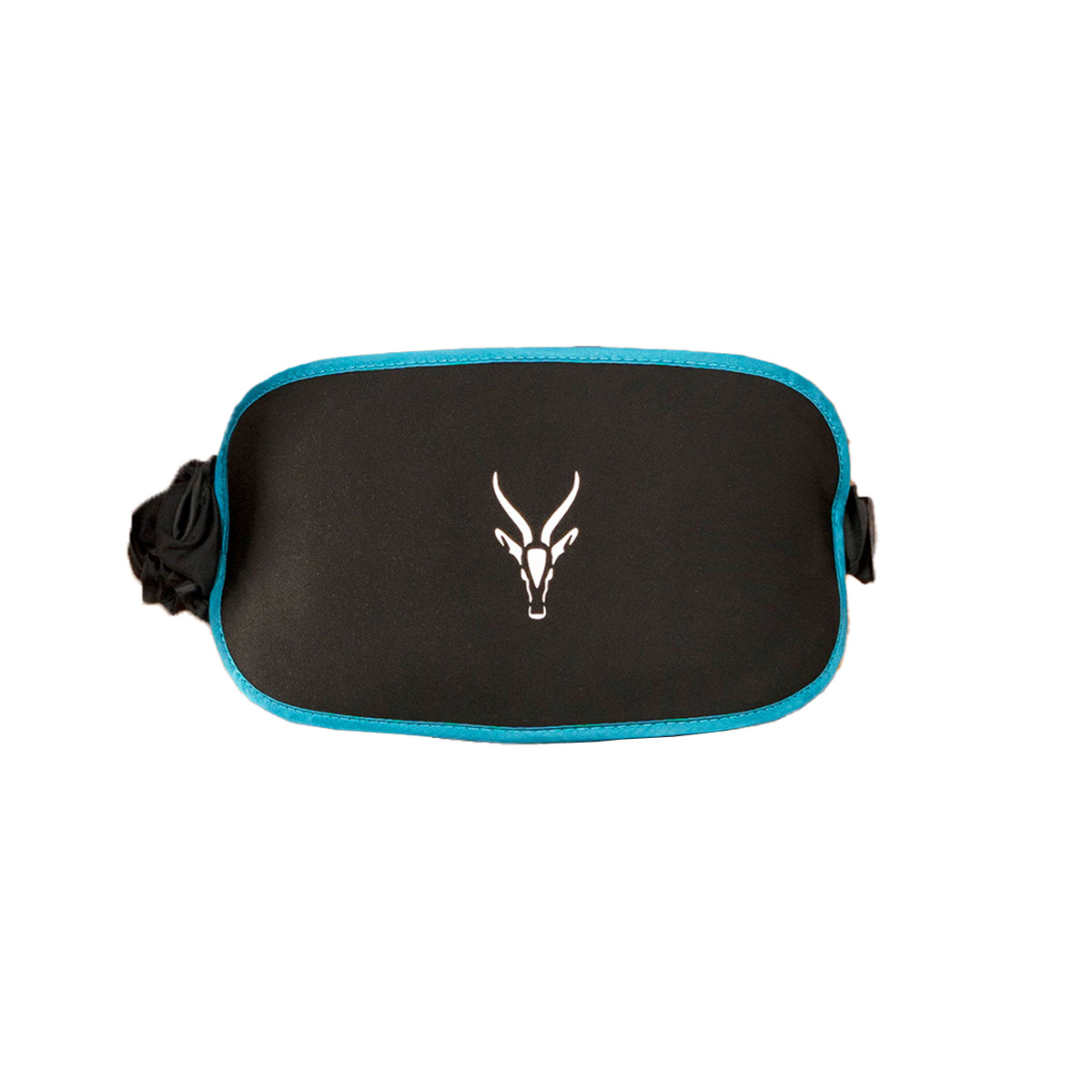Schwarze Augenmaske mit blauem Rand und weißem Logo eines Tierkopfes. Sie ist auf weißem Hintergrund zentriert.