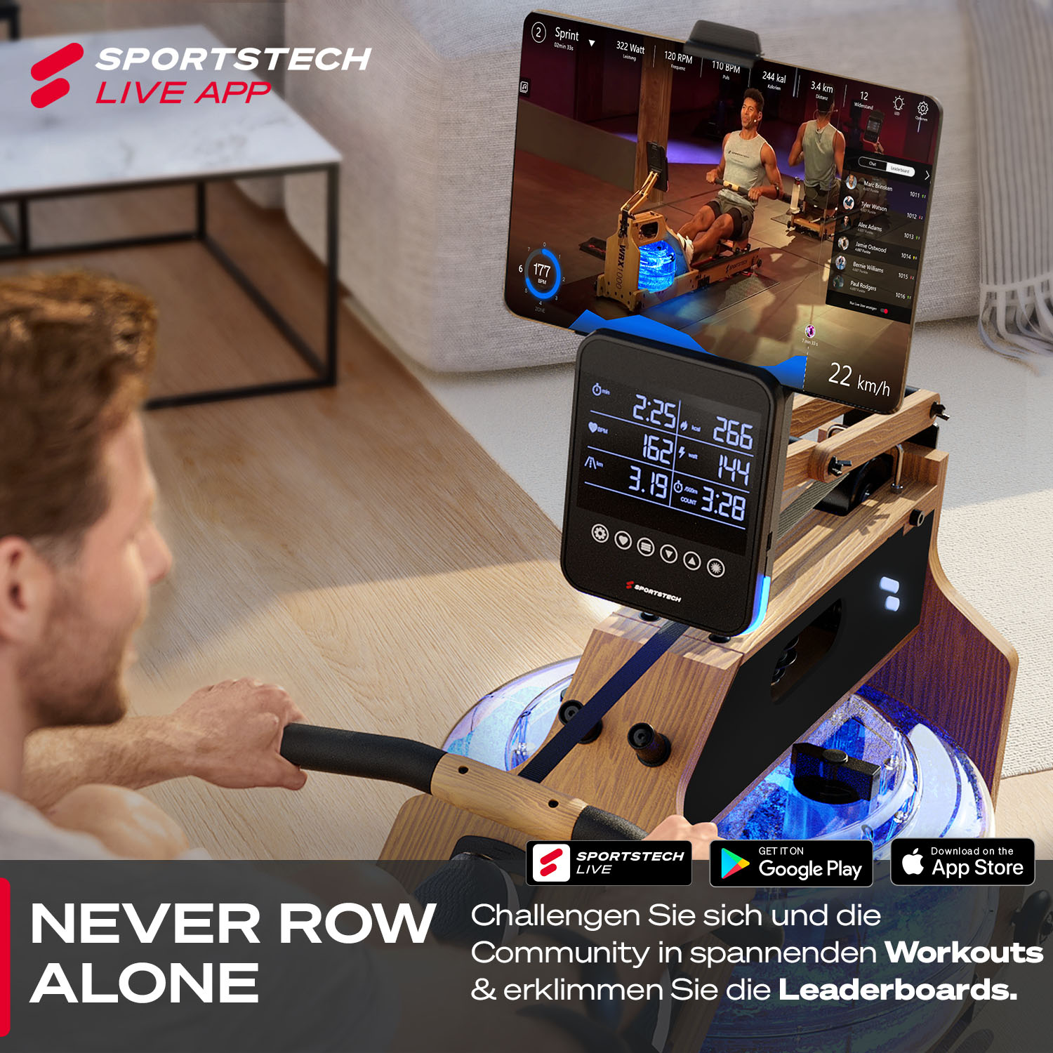 Mann rudert mit Trainingsgerät. Bildschirm zeigt Workout-Daten und Bestenliste, App-Branding und Slogan.