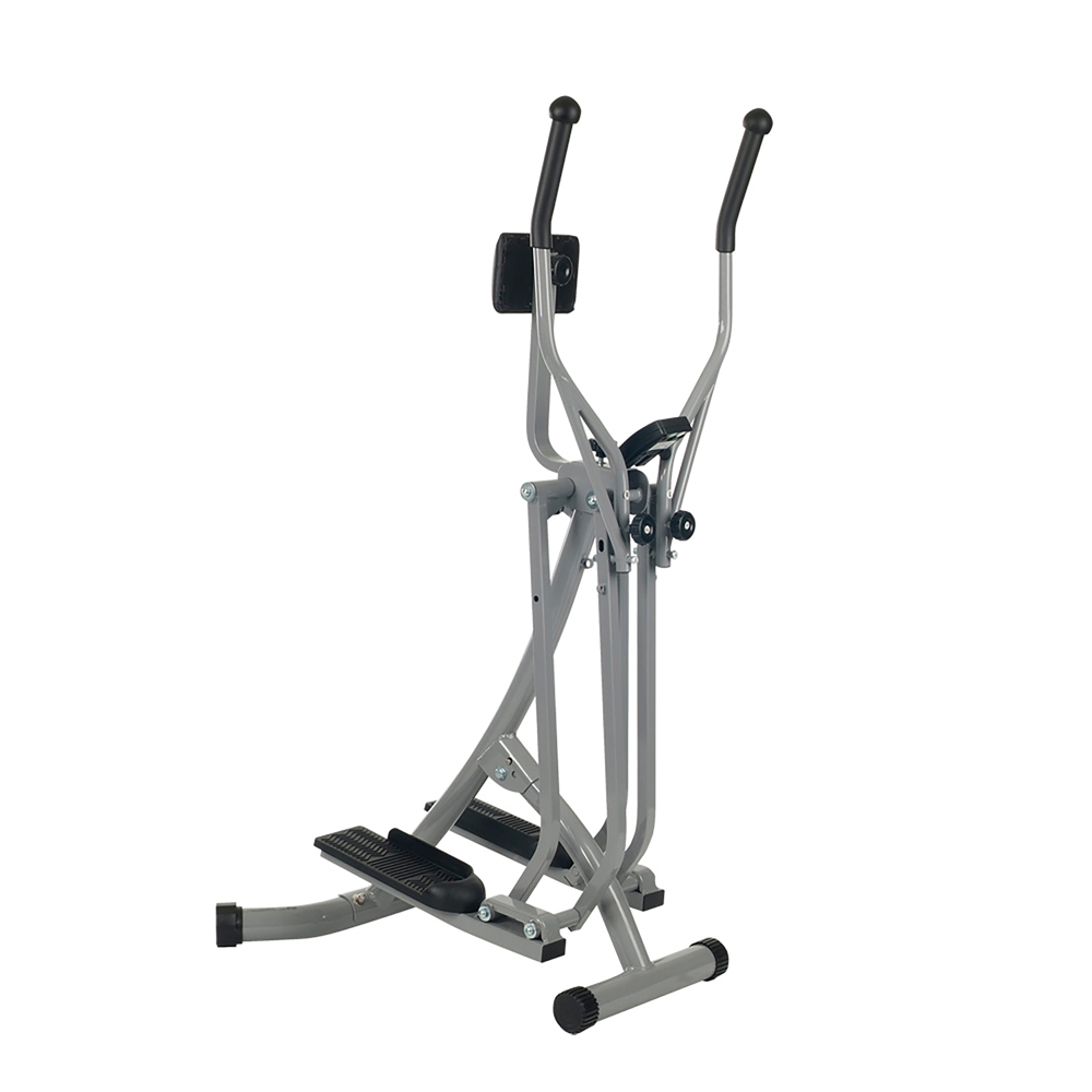 Eine graue elliptische Trainingsmaschine mit schwarzen Griffen und Fußpedalen, isoliert auf weißem Hintergrund.