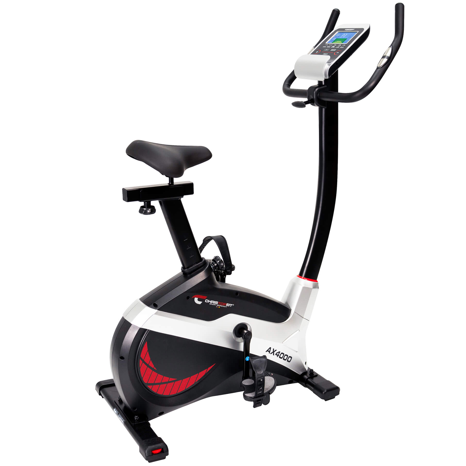 Stationäres Trainingsfahrrad. Schwarzer Rahmen, weiße Akzente und rote Details. Mit Display und verstellbarem Sitz.