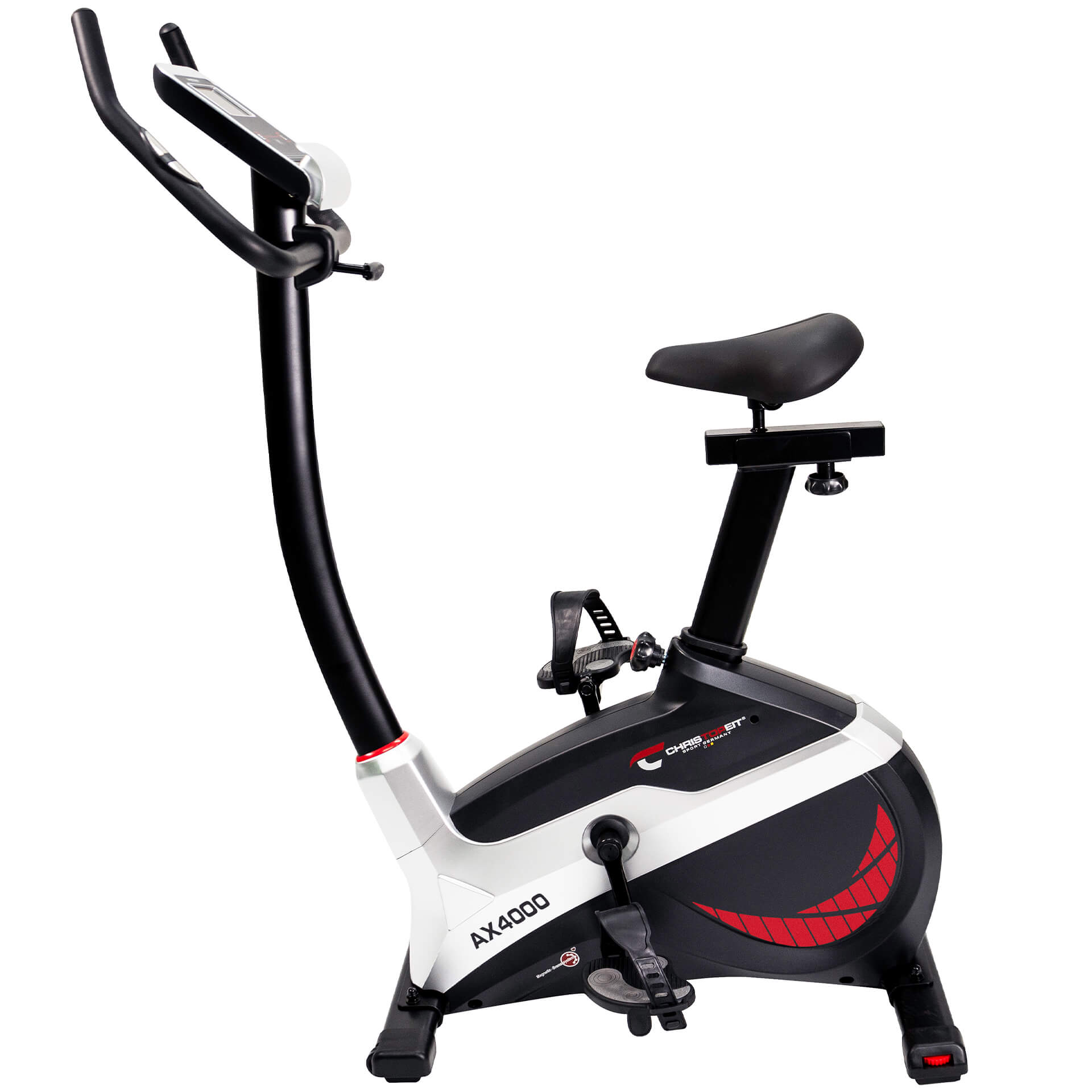 Stationäres Heimtrainer mit schwarzem Rahmen, weißen Akzenten und schwarzem Sitz. Mit Digitalanzeige und Pedalriemen.
