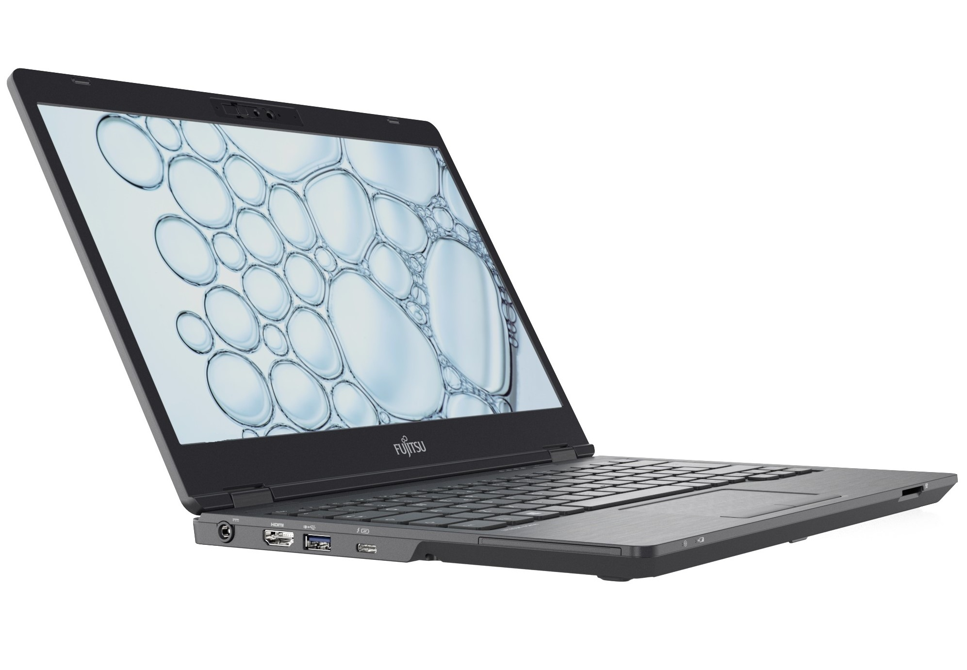 Ein schwarzer Fujitsu-Laptop wird in einem Winkel angezeigt. Der Bildschirm zeigt ein Blasenmuster. Die Tastatur ist sichtbar.