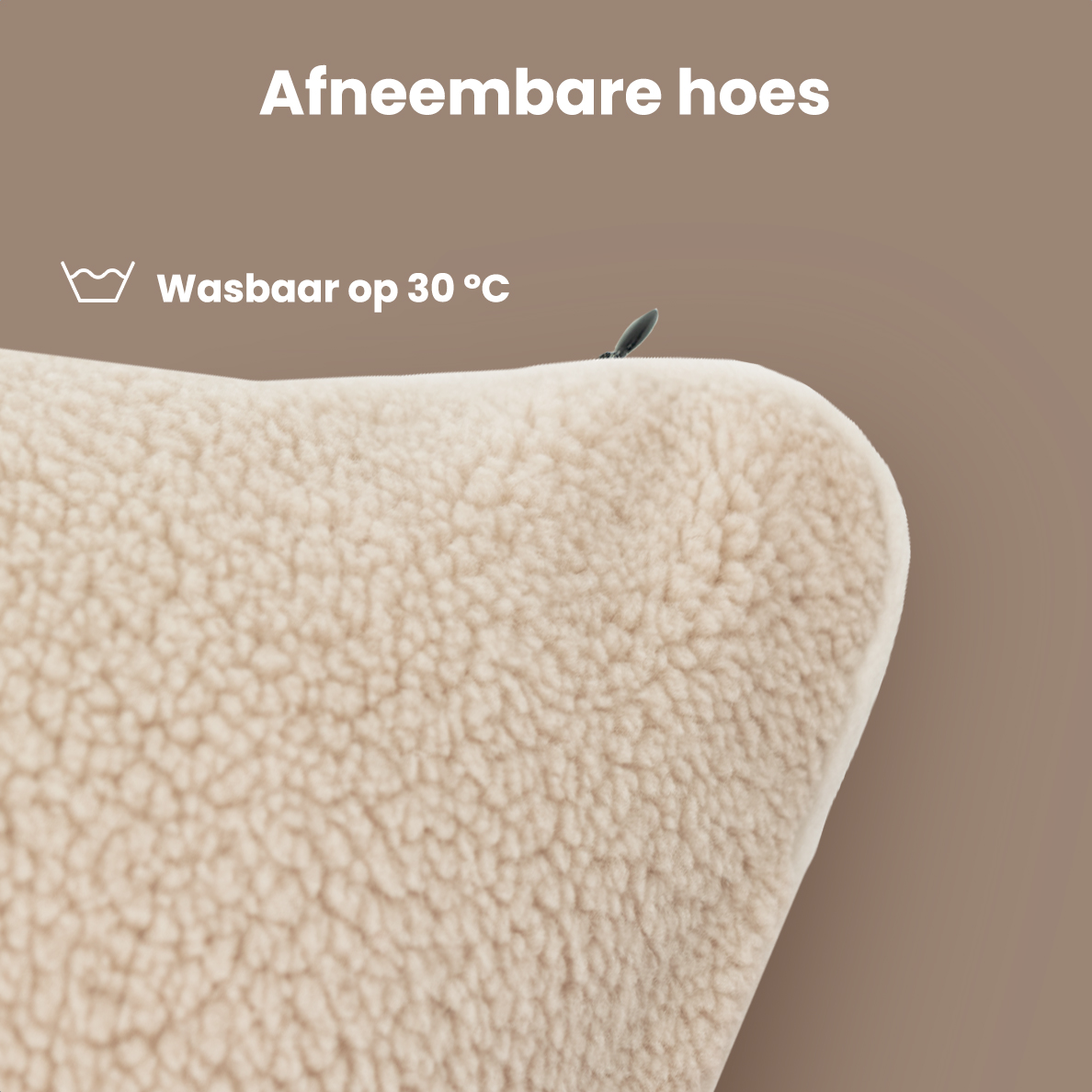 Close-up of a beige, fluffy cushion corner. Text says 'Removable covers' and 'Washable at 30°C'.