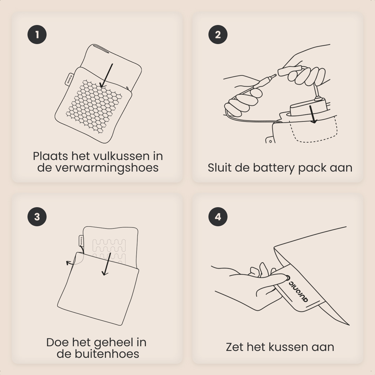 Instructies: Plaats het kussen in de warmer, sluit de batterij aan, plaats in de buitenhoes en zet het kussen aan.
