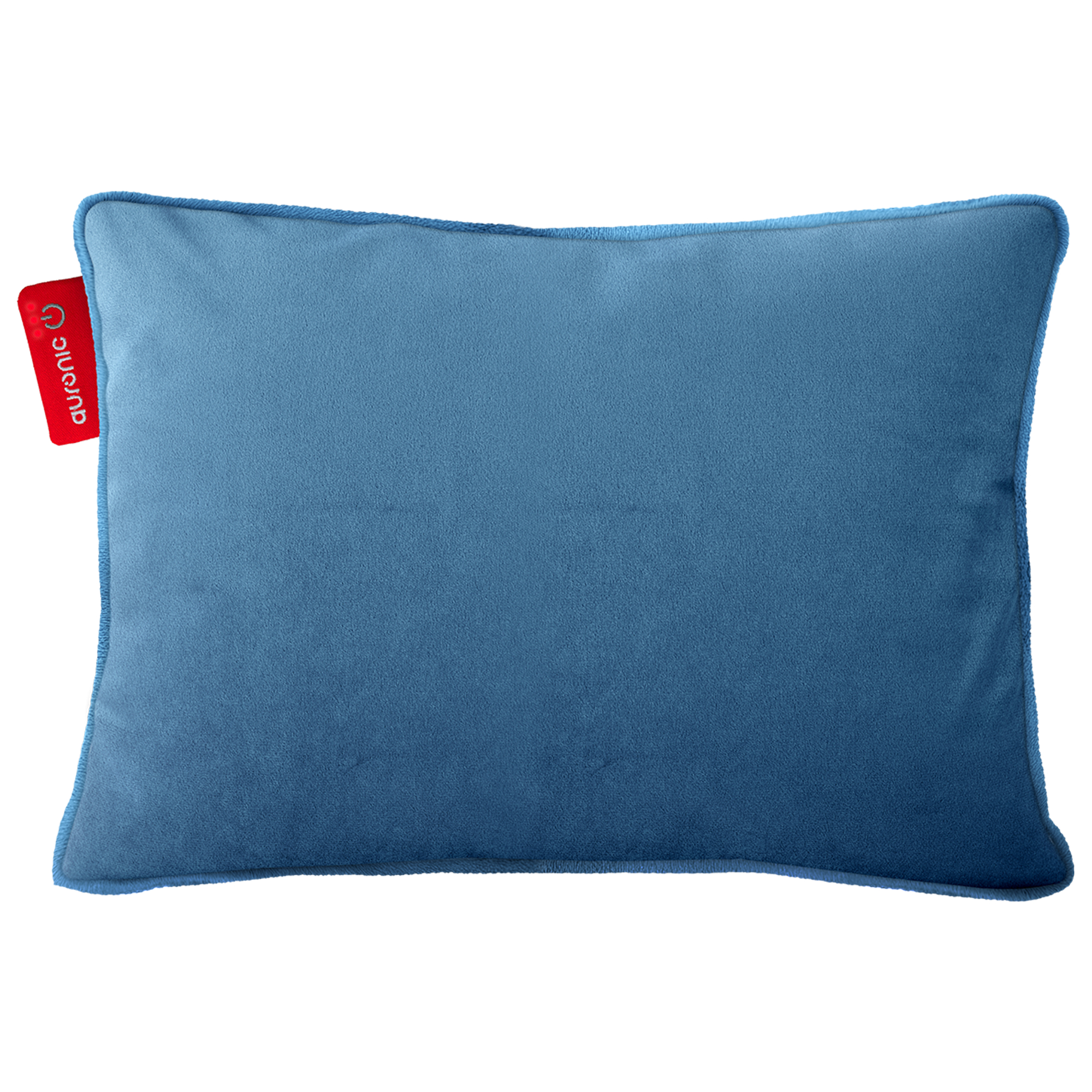 Een blauw rechthoekig kussen met een blauwe rand en een rood label met 'auronic'.