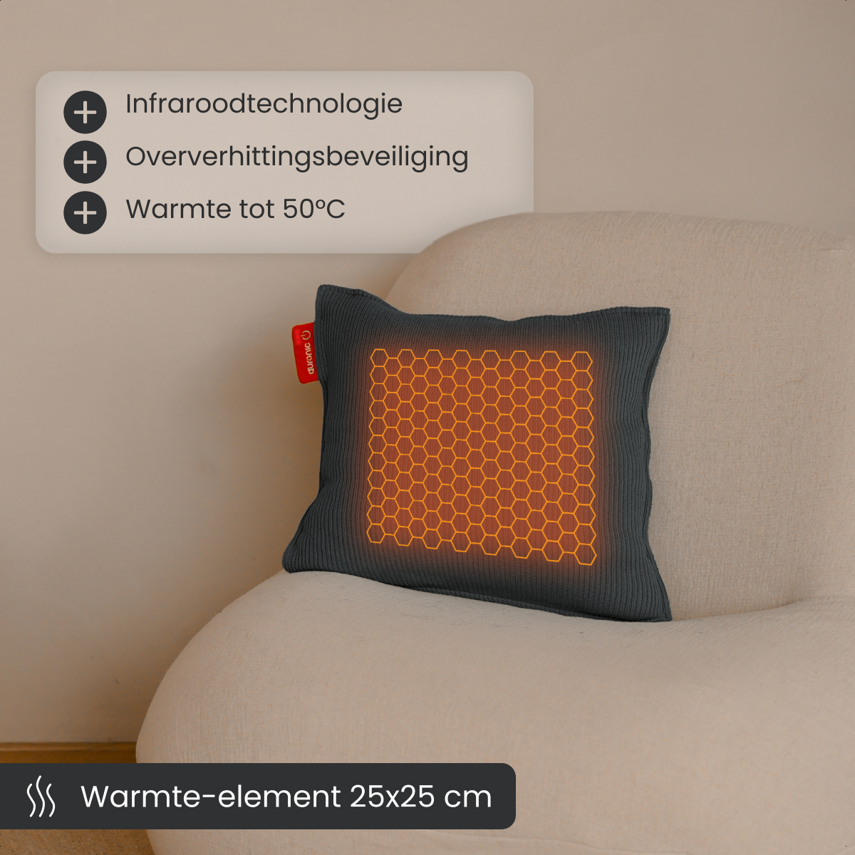 Een donkergrijze verwarmingskussen met een oranje honingraatpatroon ligt op een witte stoel. Tekst benadrukt functies zoals infraroodtechnologie.