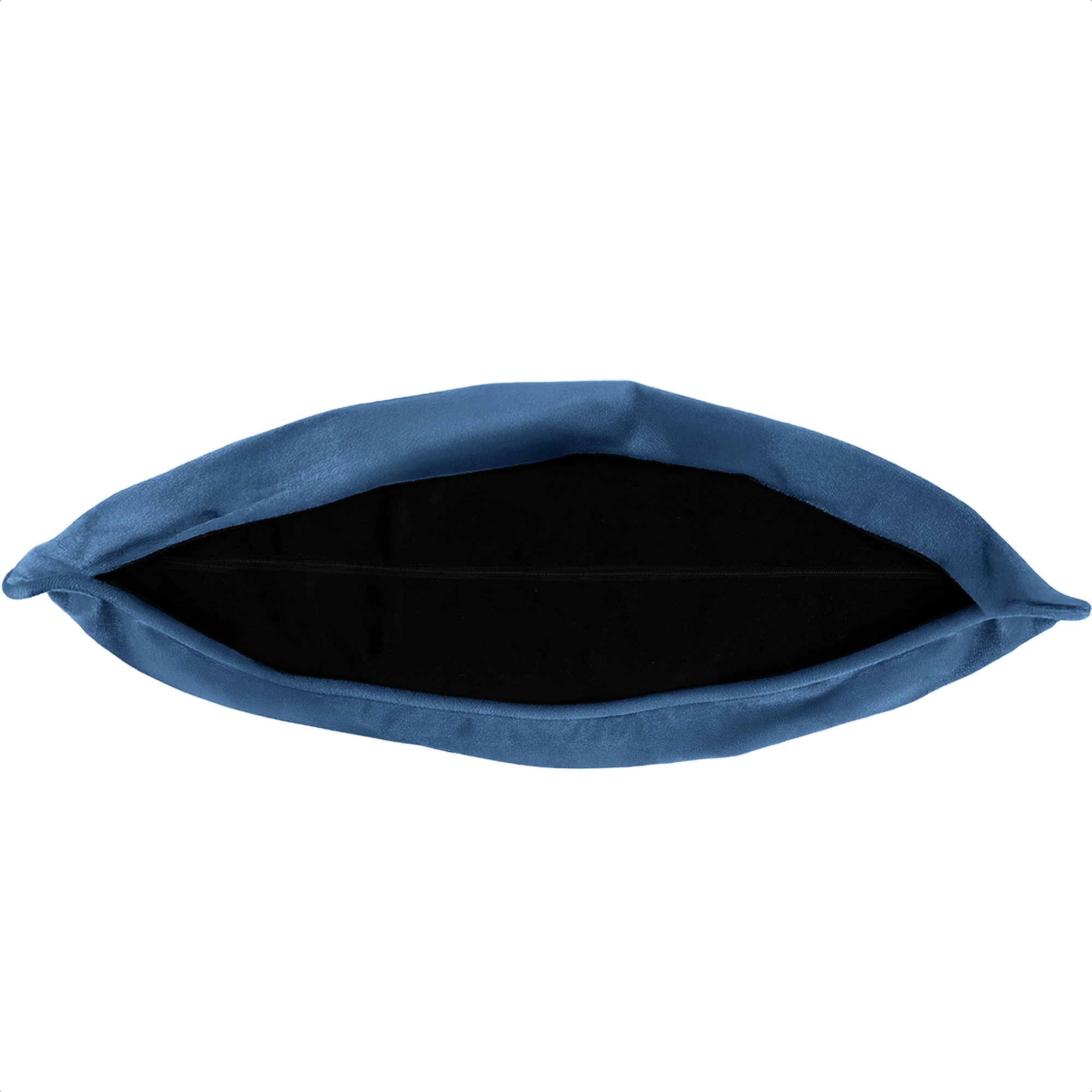 Een blauw kussen open, onthult een zwart interieur, tegen een witte achtergrond. Het kussen heeft een fluwelen textuur.