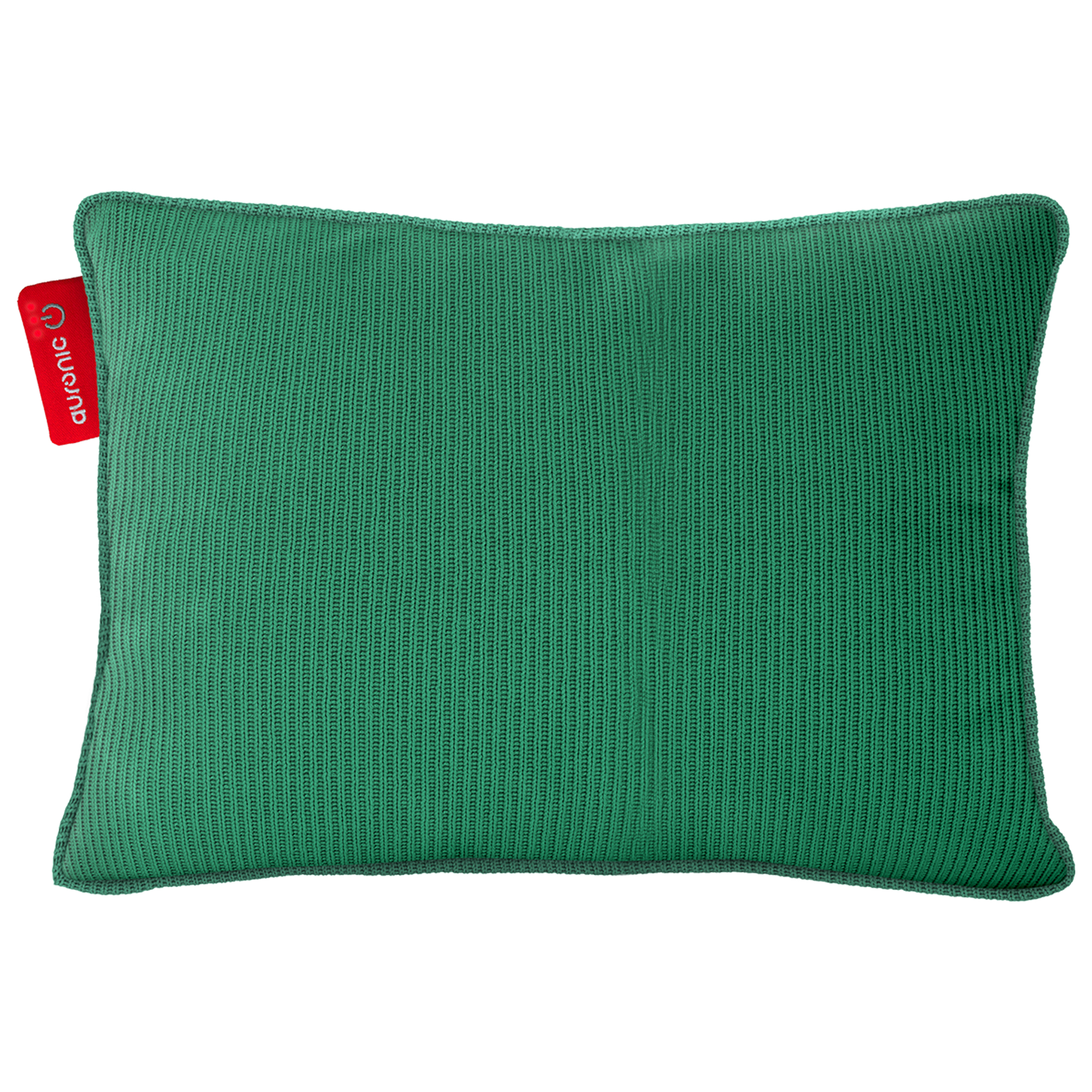 Un oreiller rectangulaire vert avec une texture tricotée et une étiquette auronic rouge.